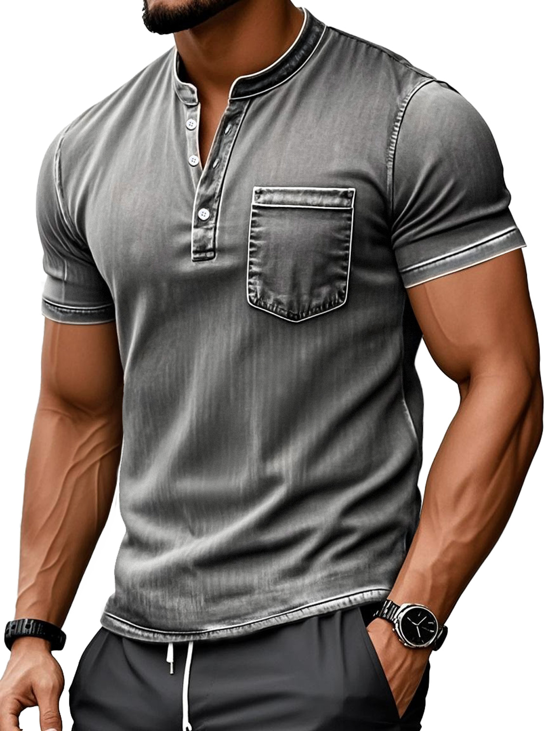 Men's Retro Everyday Stand Collar Pocket Casual Short Sleeve Henley Shirt