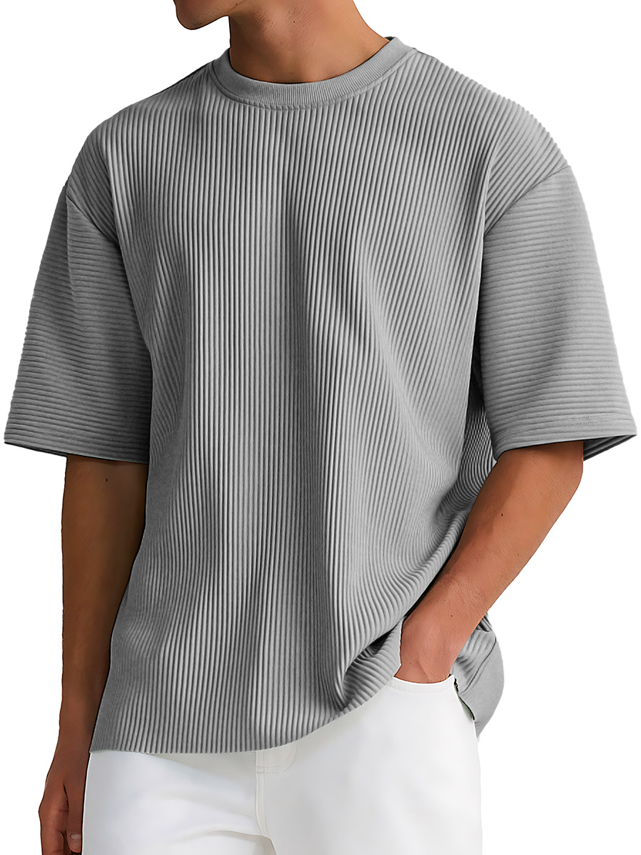 Men's Daily Round Neck Ribbed Texture Casual Solid Color Short-sleeved T-shirt