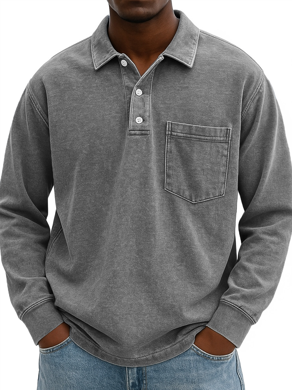Men's Stylish Vintage Distressed Pocket Lapel Long-sleeved Polo Shirt