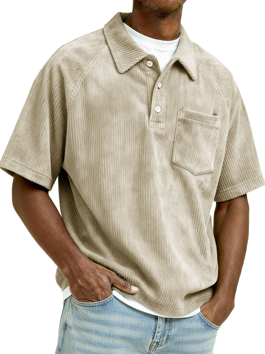 Men's Retro Raglan Corduroy Loose Pocket Short-Sleeve Polo Shirt