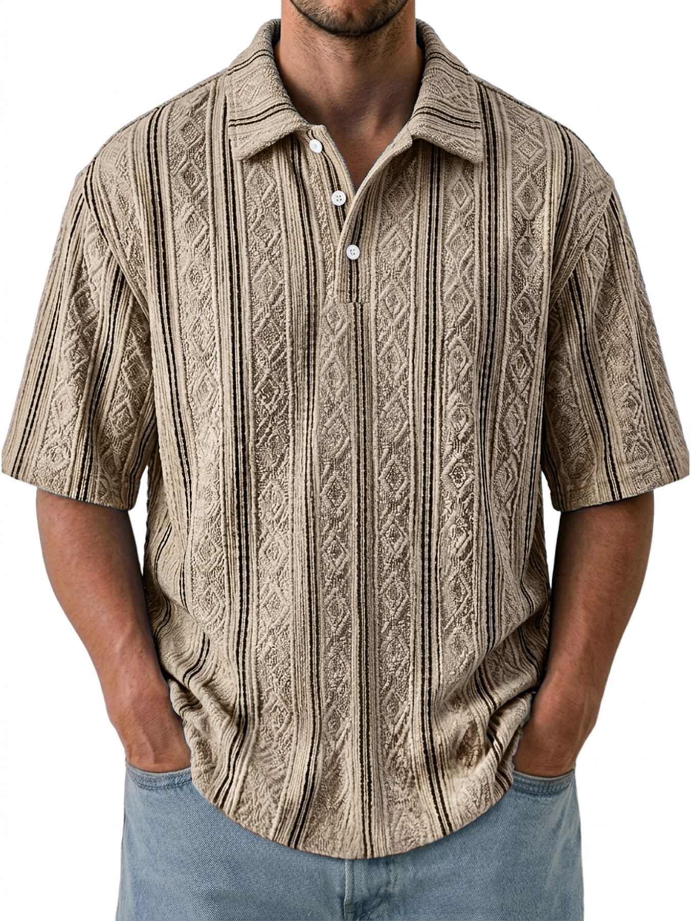 Men's Jacquard Textured Collar Button Casual Short-sleeved Polo Shirt