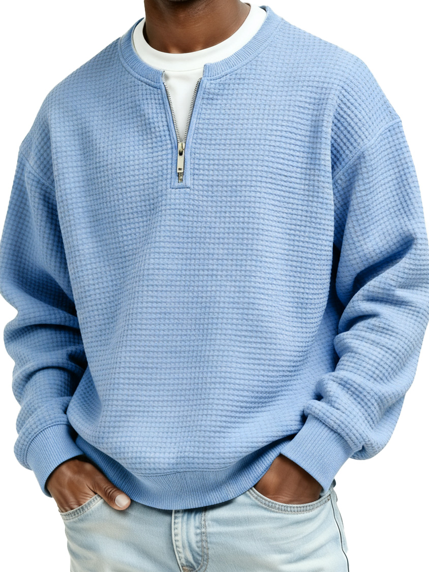 Men's Casual Faux Two-Piece Waffle Fabric Zipper Long-Sleeve Top