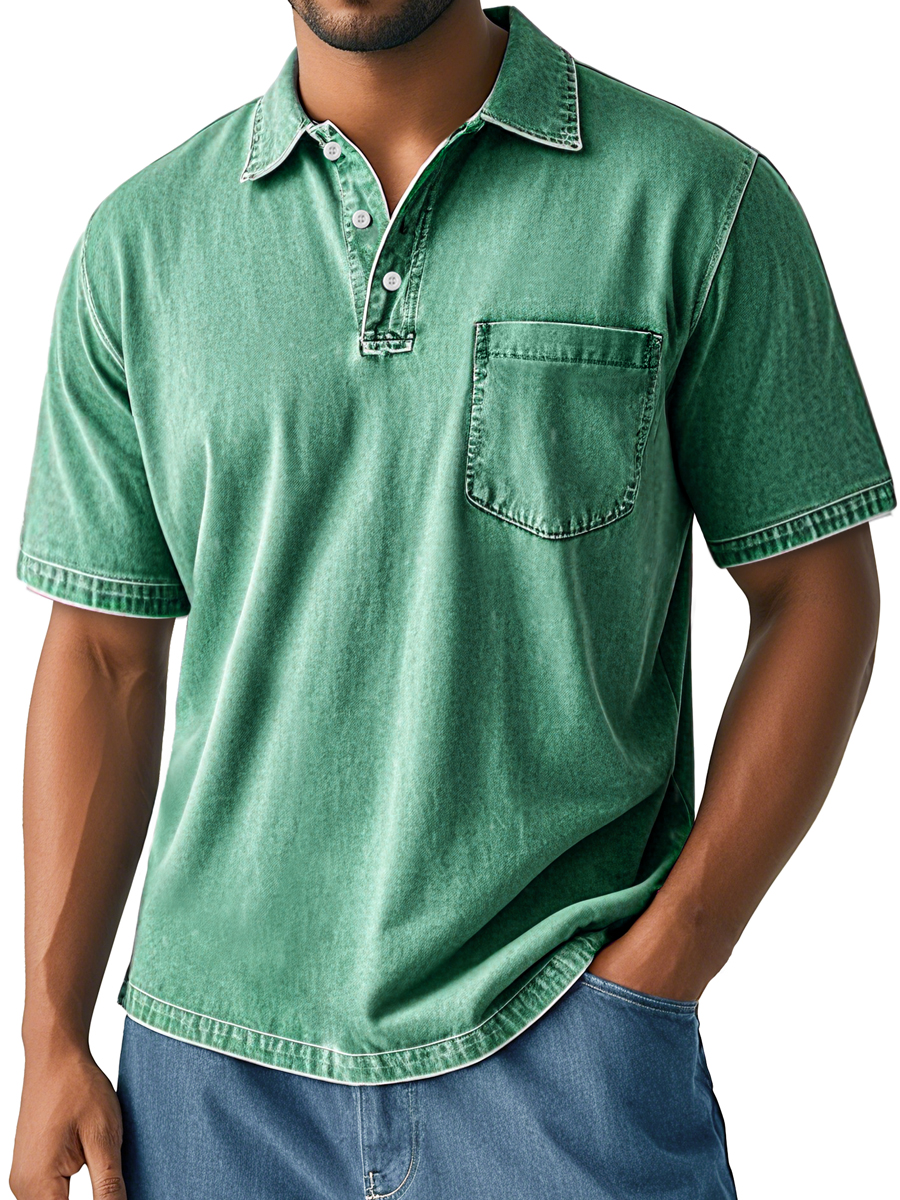 Men's Retro Washed Casual Lapel Pocket Comfortable Short Sleeve Polo Shirt