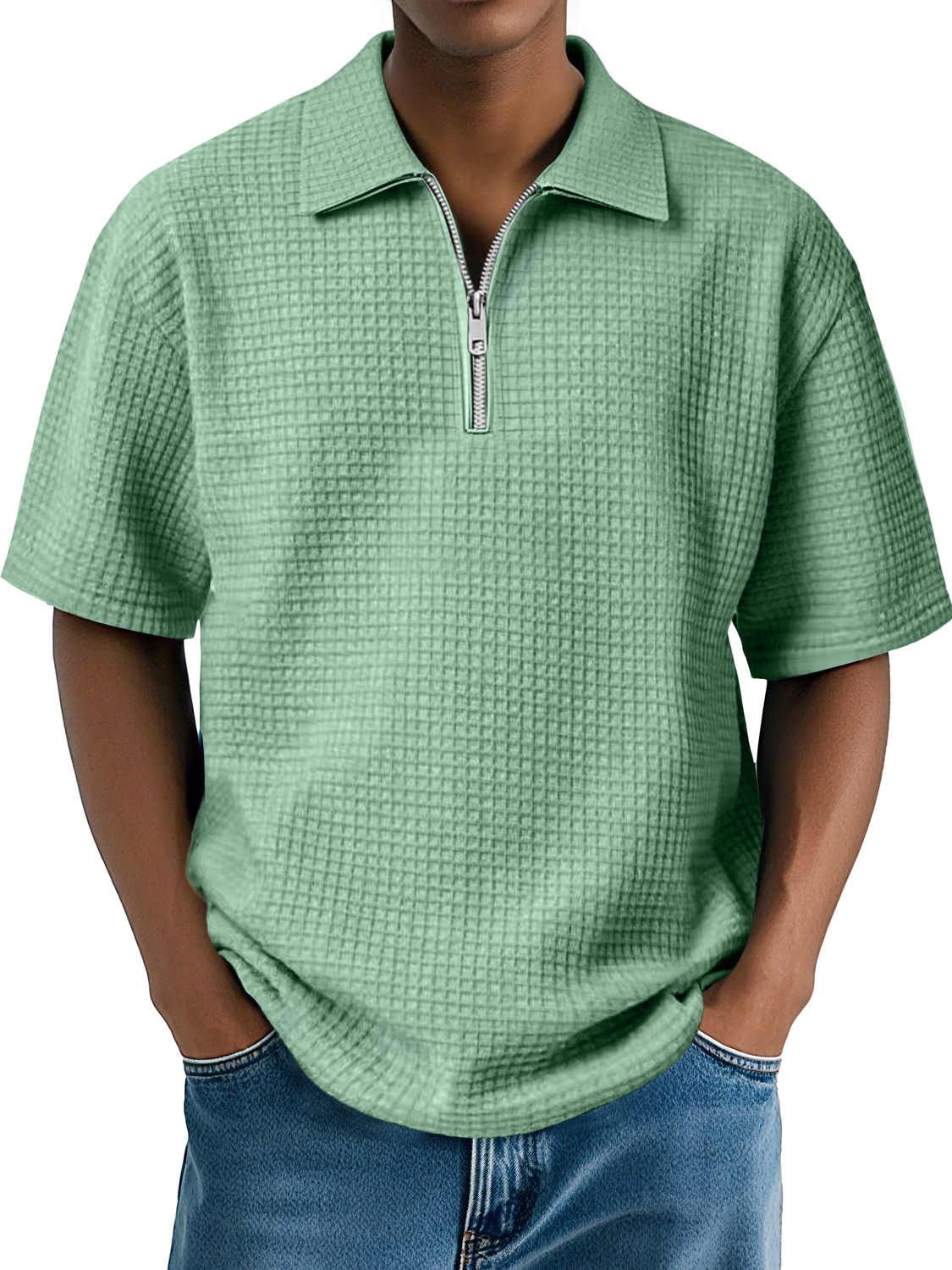 Men's Daily Waffle Lapel Zipper Casual Comfort Short Sleeve POLO Shirt