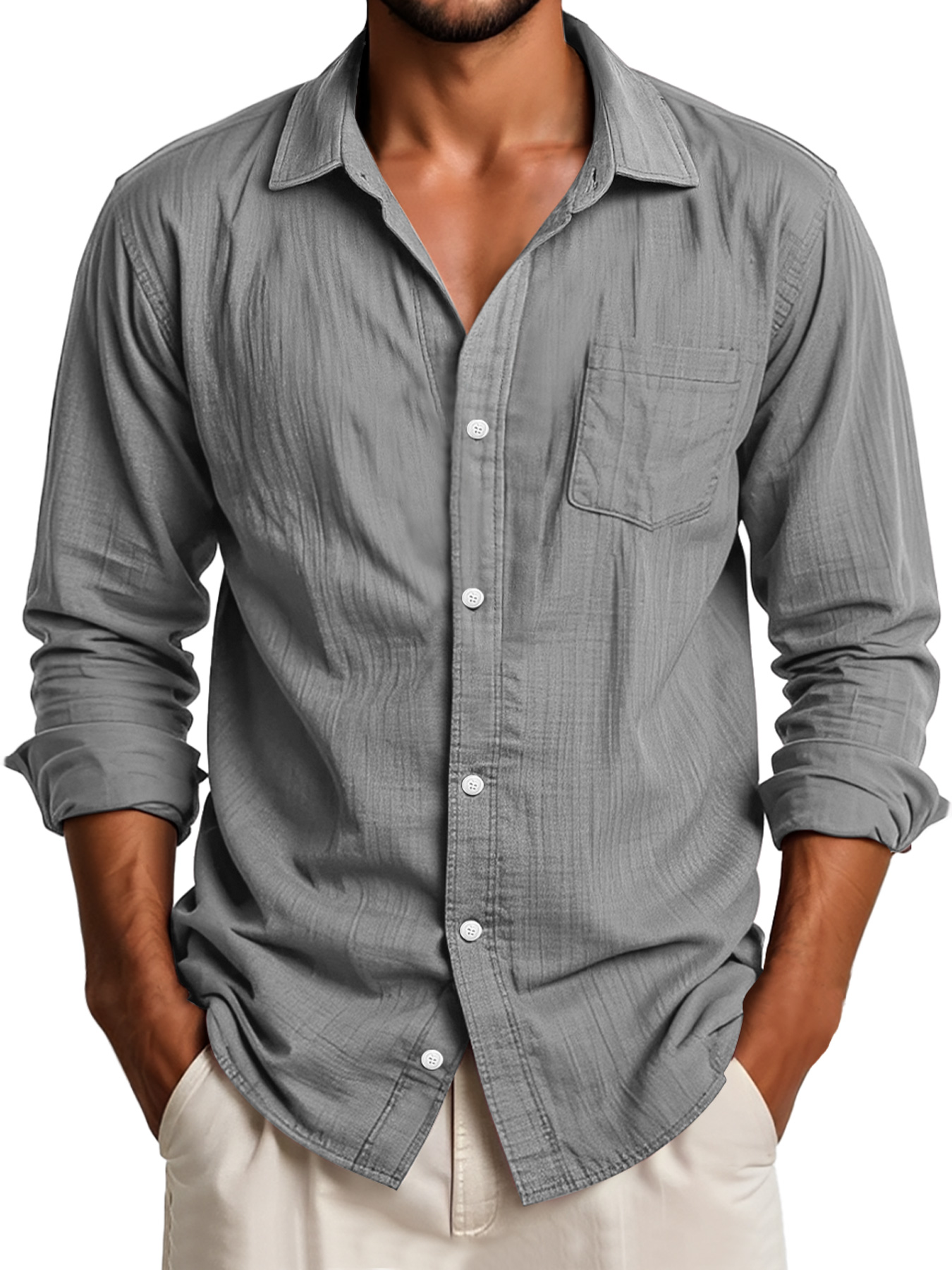 Men's Daily Lapel Pocket Casual Solid Color Long Sleeve Shirt