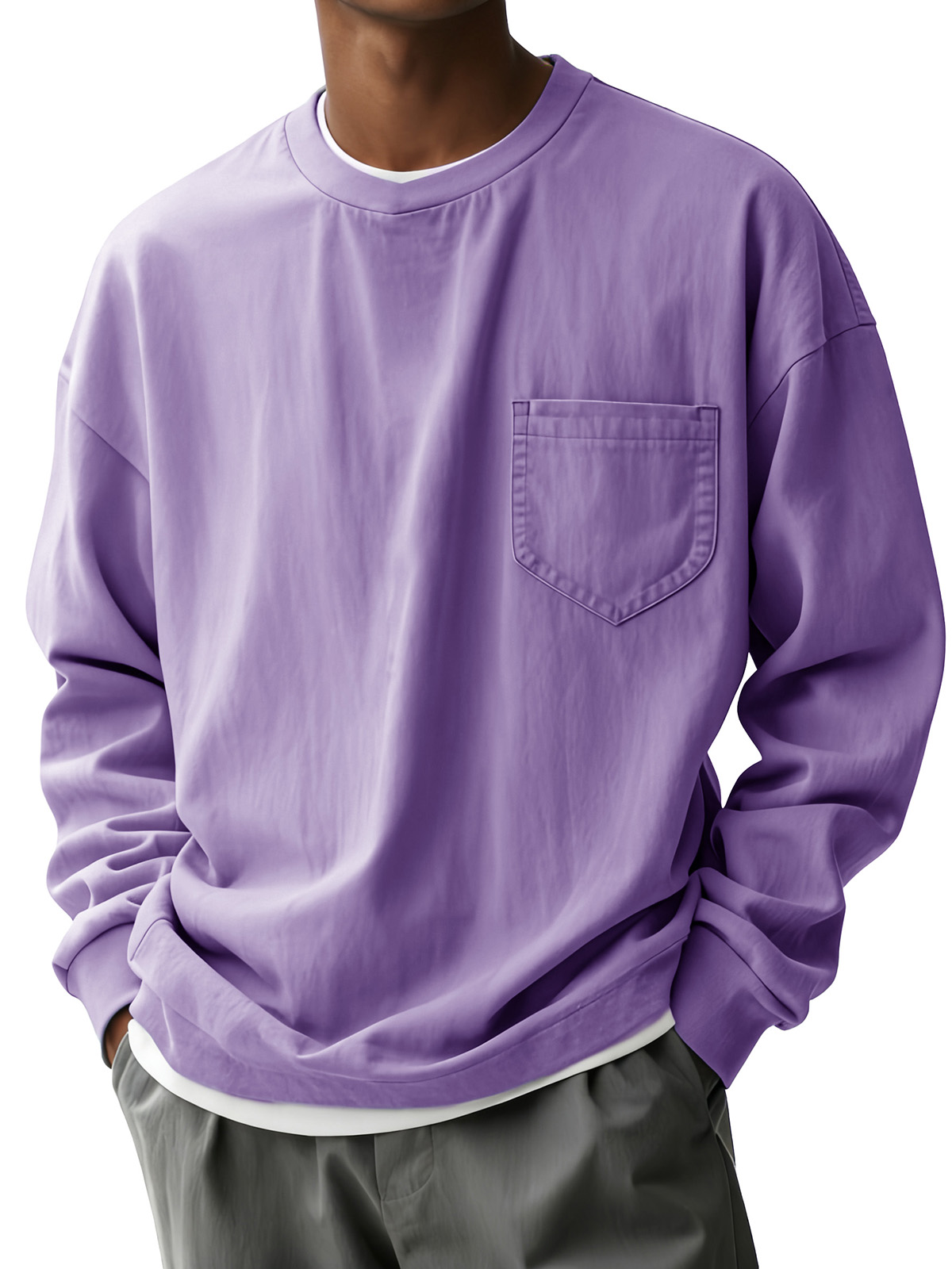Men's Fashion Casual Pleated Fabric Round-neck Pocket Long-sleeve Top