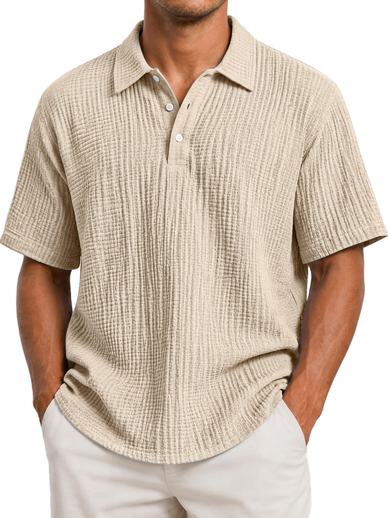 Men's Casual Short-Sleeve Polo Shirt with Pleated Collar and Button Placket