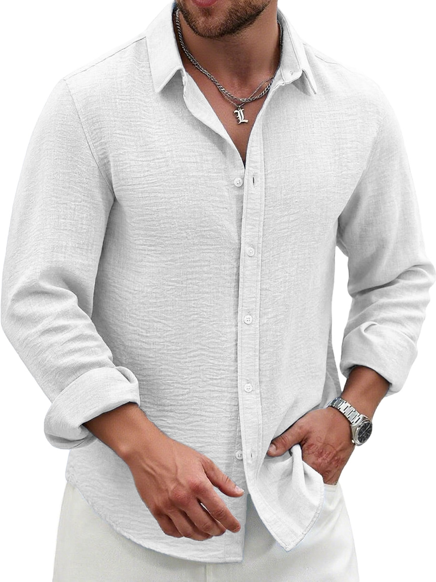 Men's Fashion Casual Pleated Fabric Lapel Long-sleeved Shirt