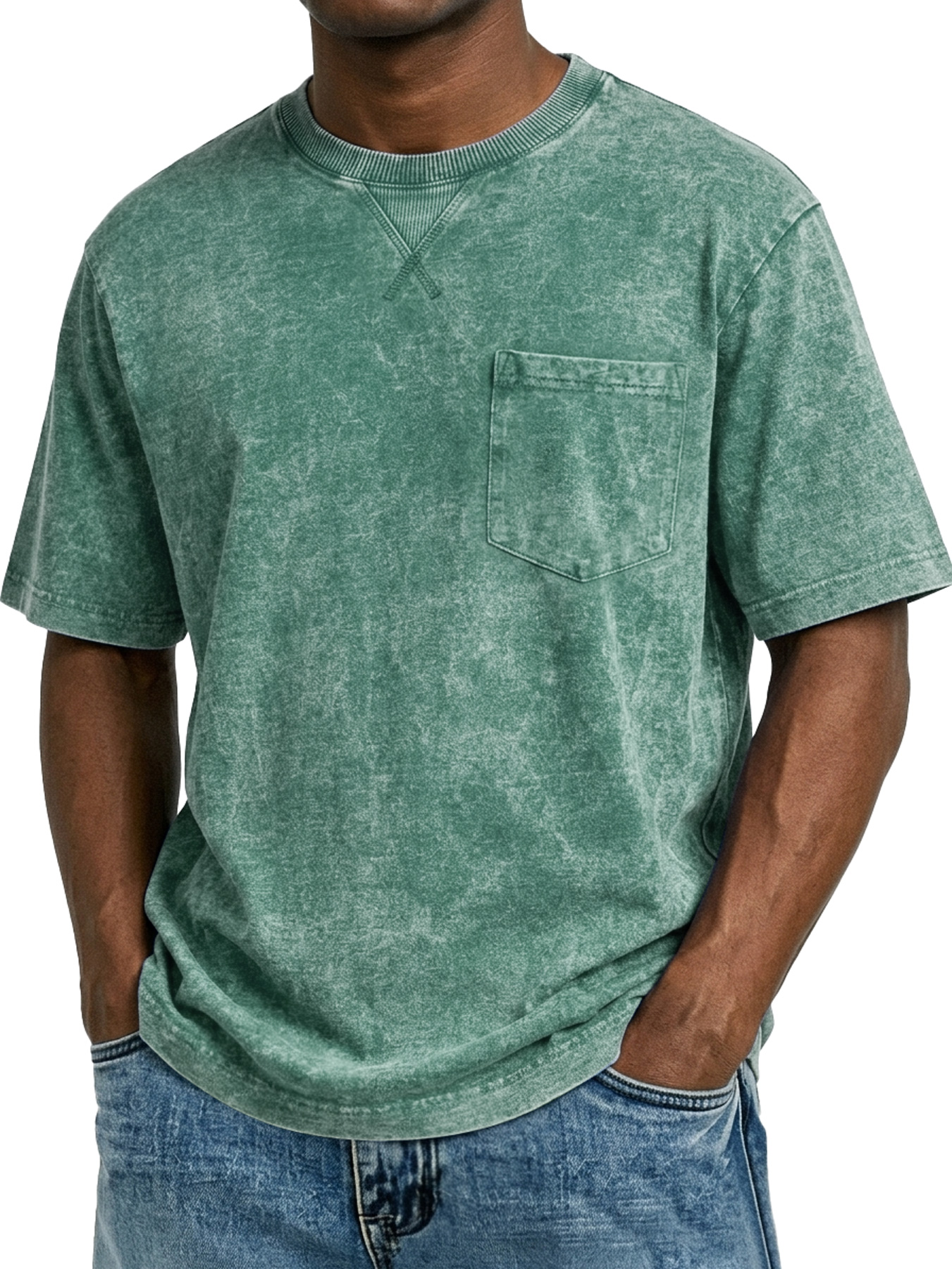 Men's Retro Cross-Strip Design Casual Crew Neck Pocket Short-Sleeve T-Shirt