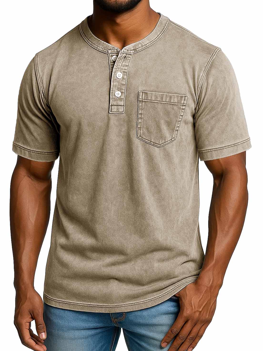 Men's Fashion Retro Distressed Short-sleeved Pocket Henley Shirt