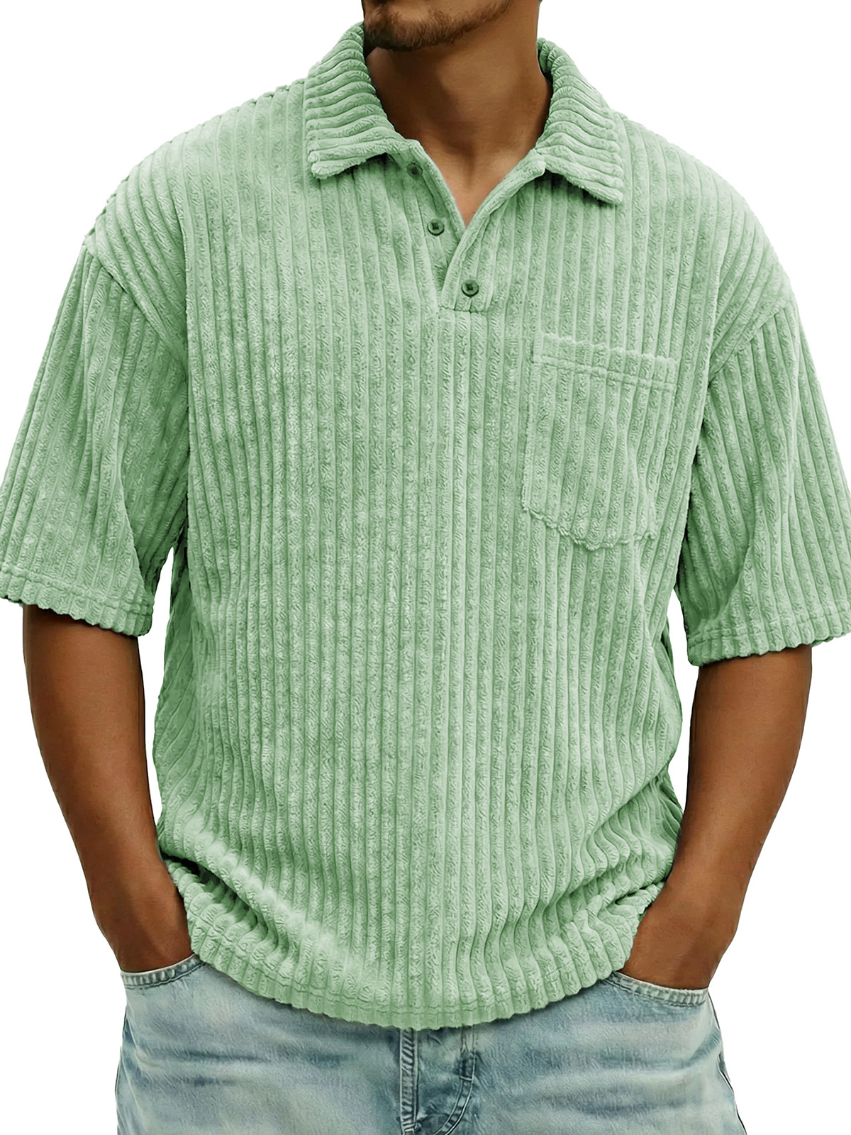 Men's Fashionable Ribbed Pocket Collar Short-Sleeve Polo Shirt