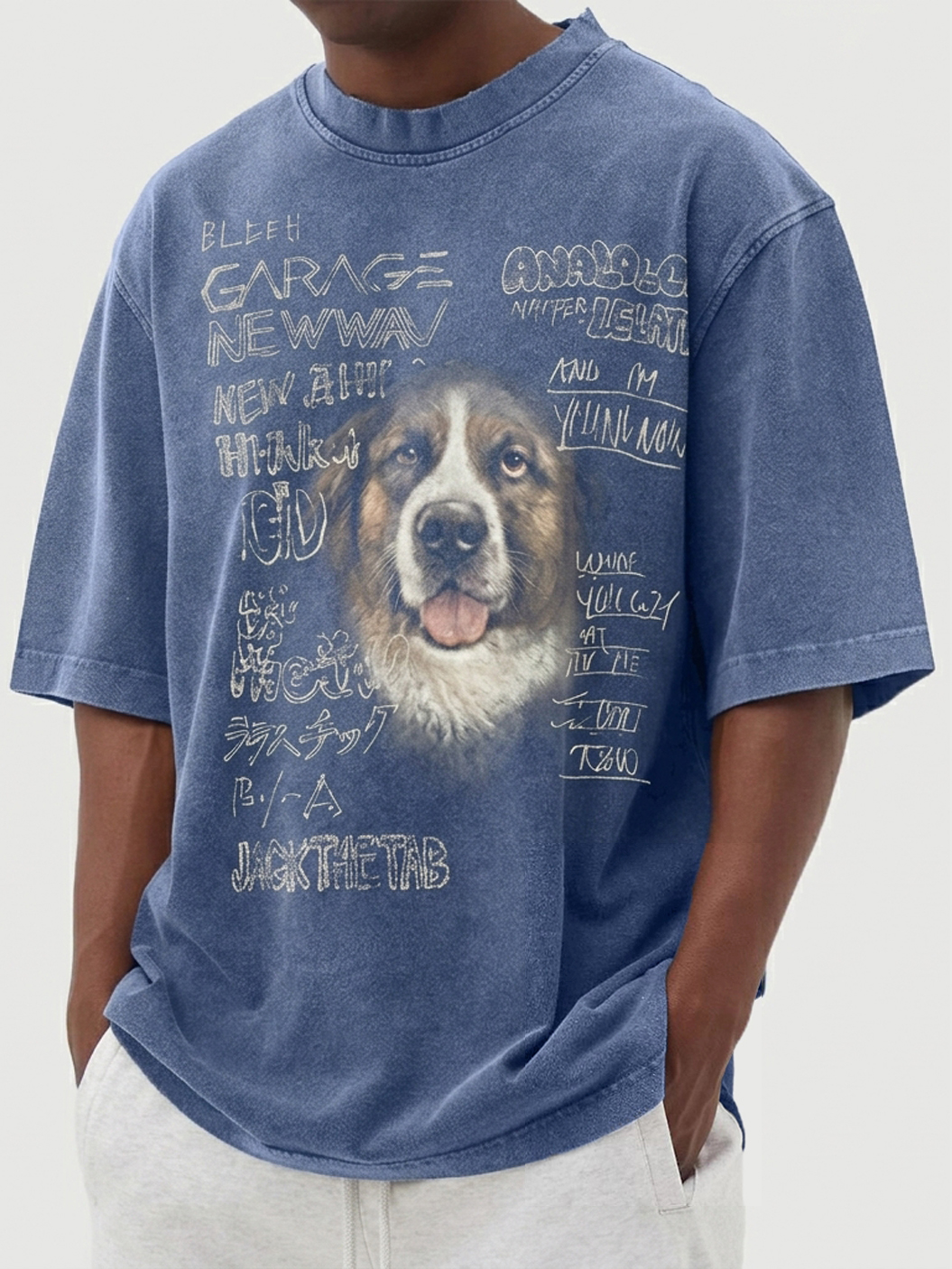 Men's Washed & Distressed Pure Cotton Dog-Print T-Shirt