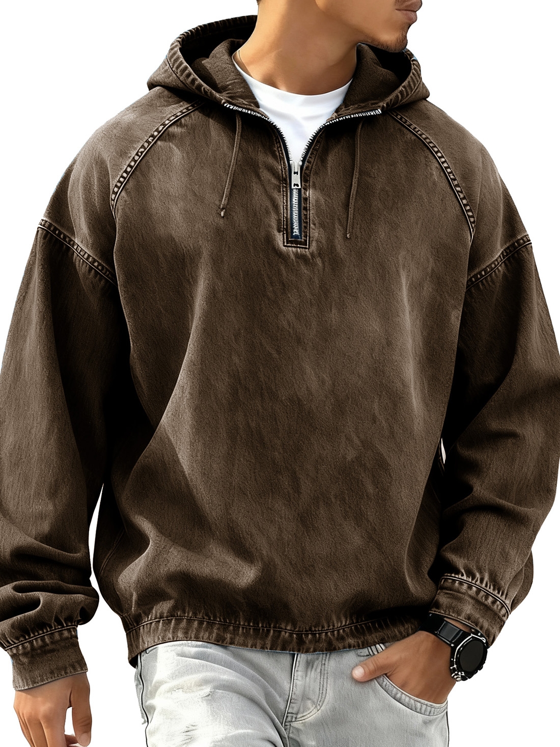 Men's Retro Fashion Distressed Raglan Long-Sleeve Hoodie