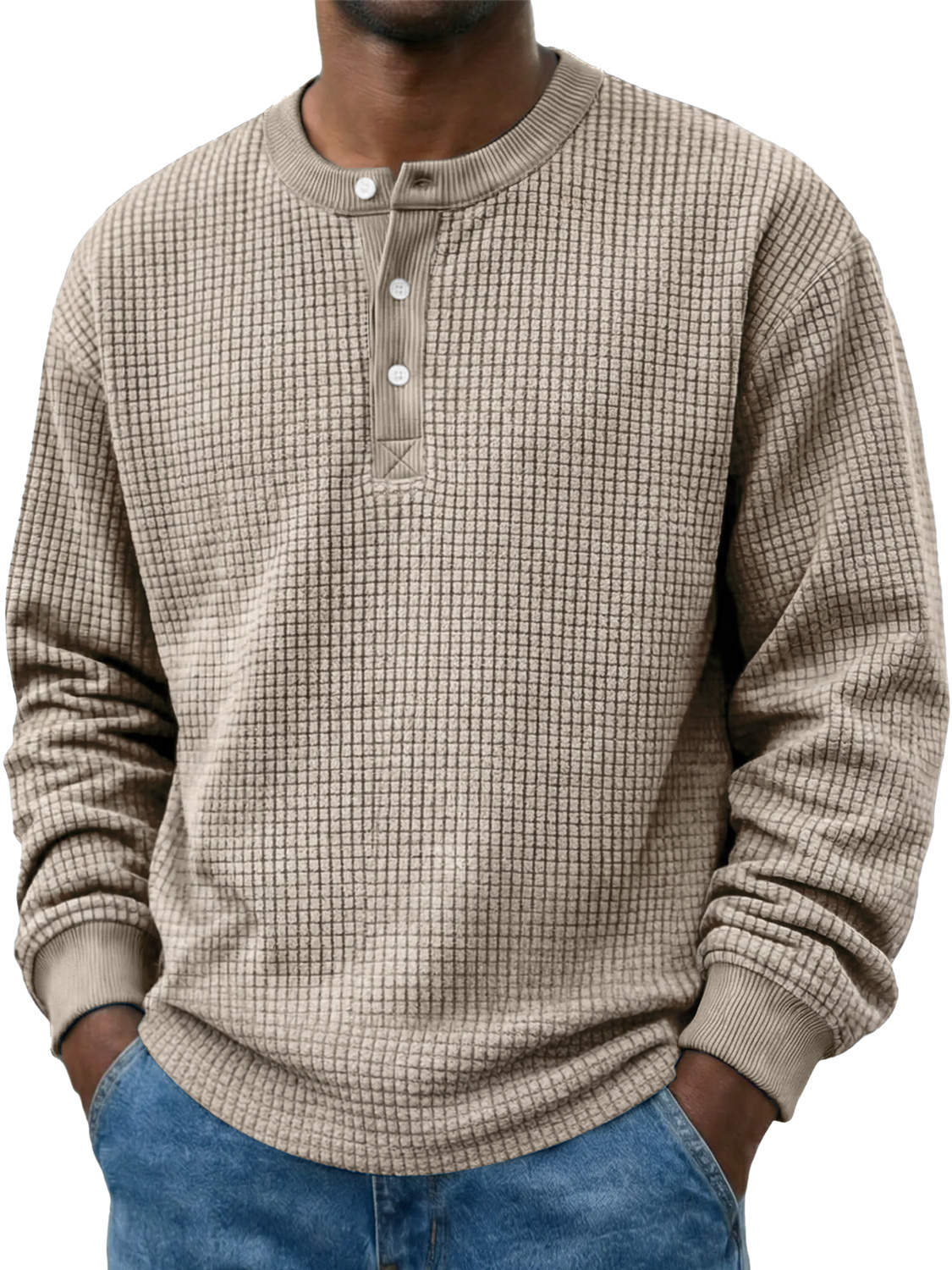 Men's Casual Corduroy Waffle-knit Solid Color Long-sleeved Henley Shirt