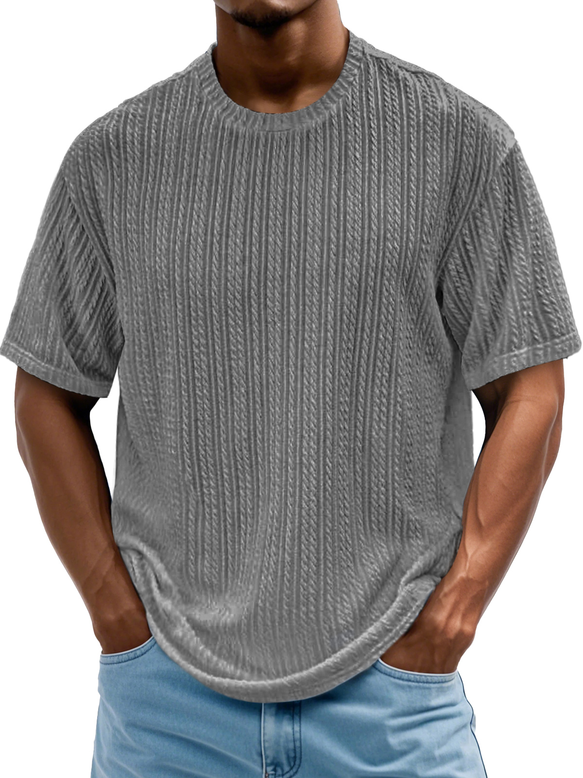 Men's Daily Round Neck Casual Texture Solid Color Comfortable Short-sleeved T-shirt