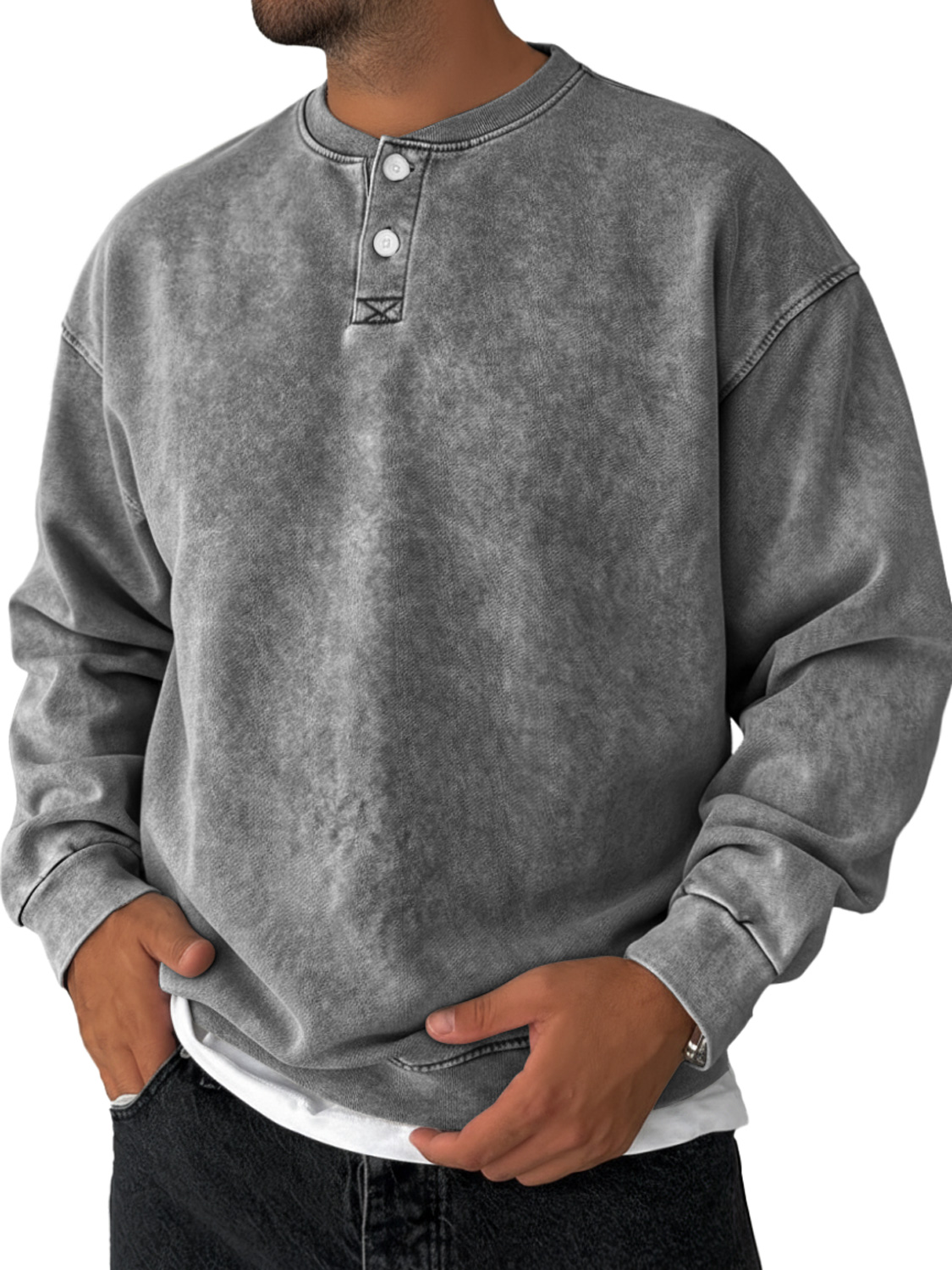 Men's Retro Solid Color Casual Loose Henley Sweatshirt