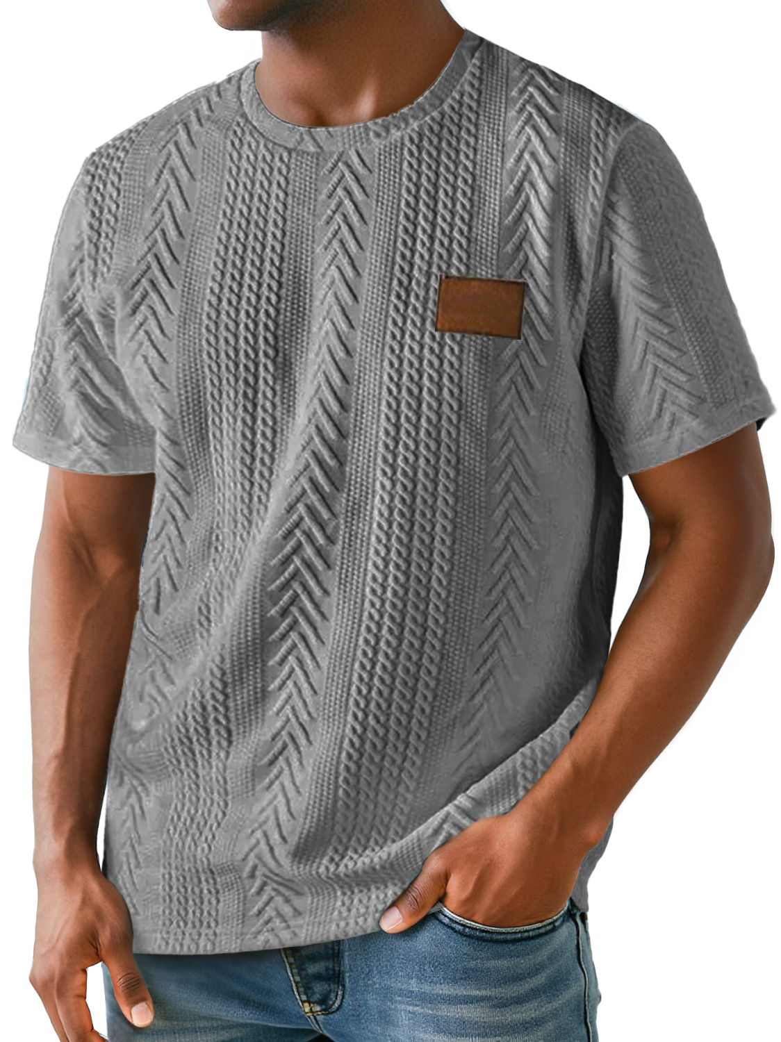 Men's Daily Round Neck Simple Texture Embroidered Label Casual Solid Color Short-sleeved T-shirt