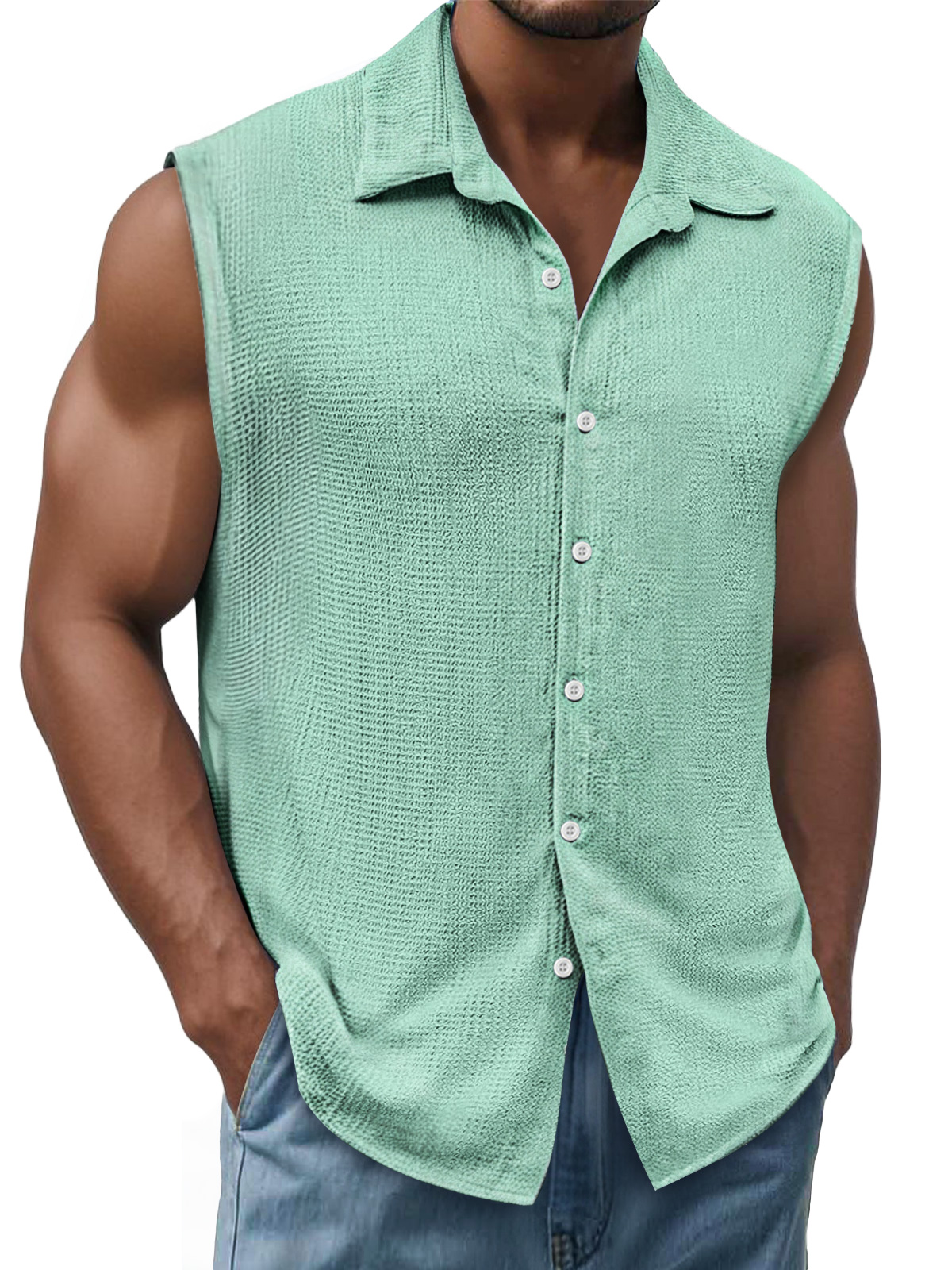 Men's Daily Texture Casual Lapel Solid Color Sleeveless Shirt