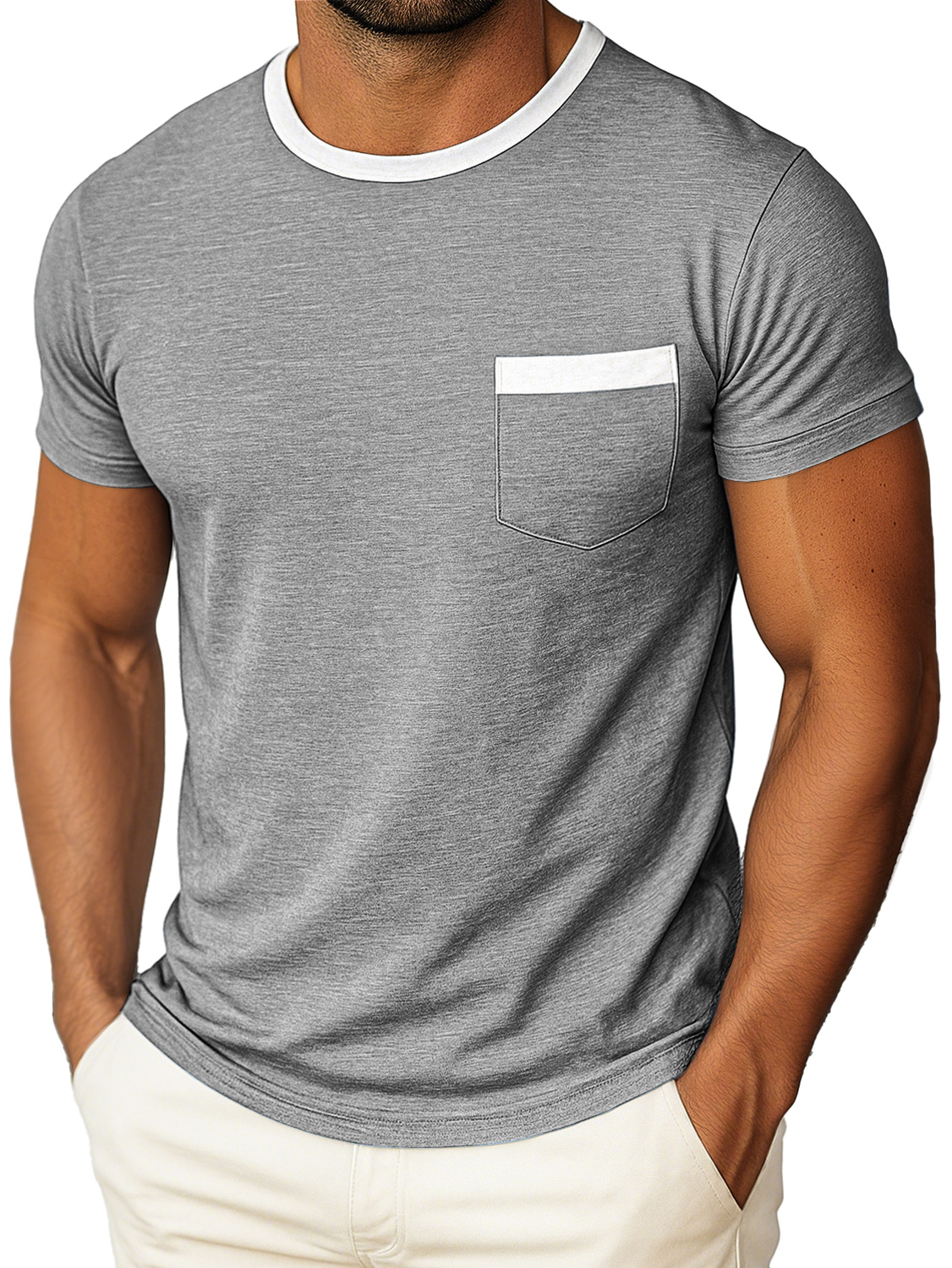 Men's Daily Round Neck Color Matching Pocket Casual Short Sleeve T-shirt