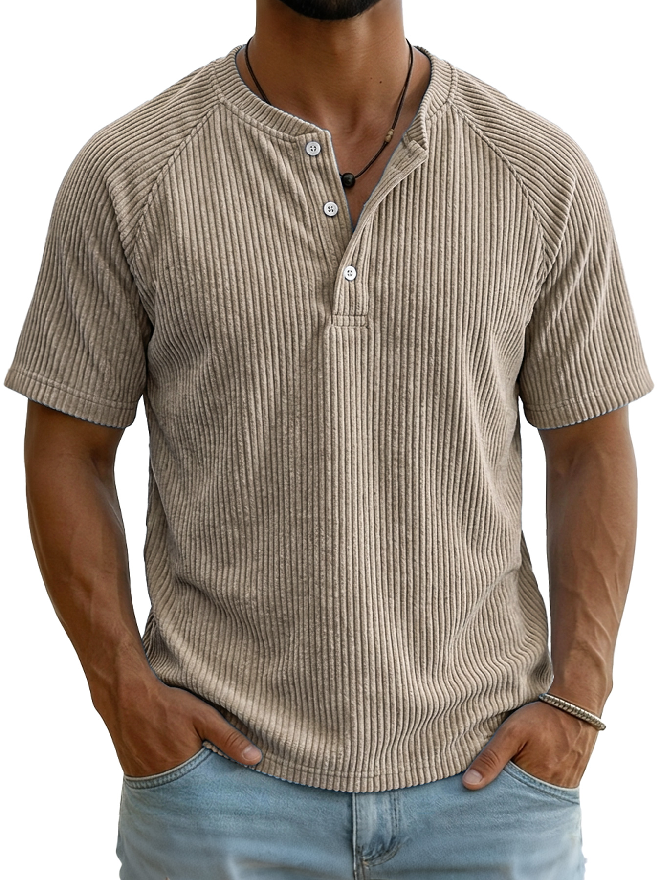 Men's Retro Corduroy Raglan Casual Short-Sleeve Henley Shirt