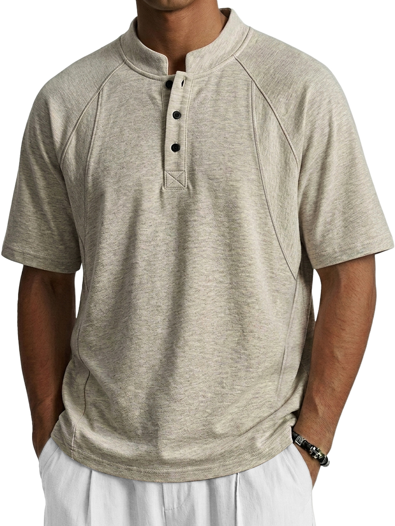Men's Deconstructed Design Stand-up Collar Button Casual Short-sleeved Henley Shirt