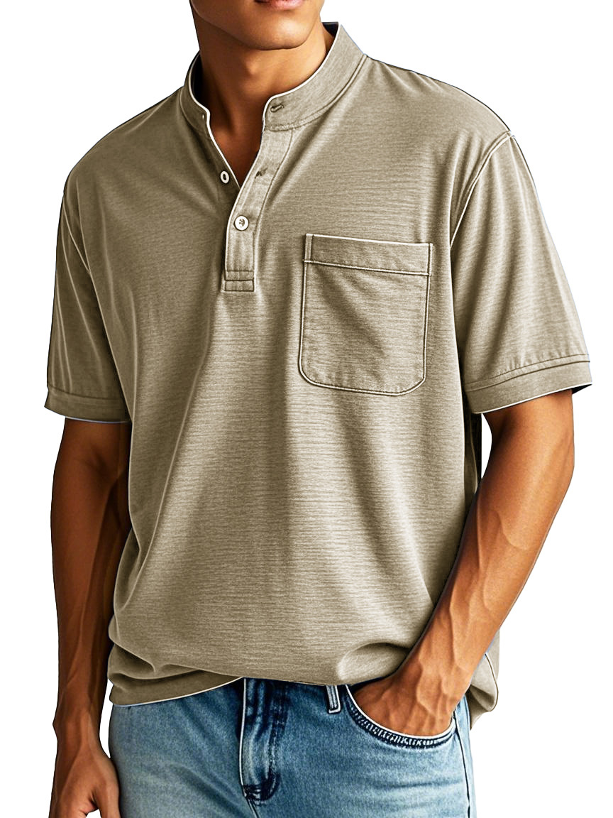 Men's Fashion Casual Stand-up Collar Pocket Short-sleeved Henley Shirt