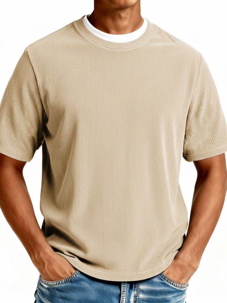 Men's Fashionable Casual Ribbed Fabric Faux Two-Piece Short-Sleeve Crew Neck T-Shirt