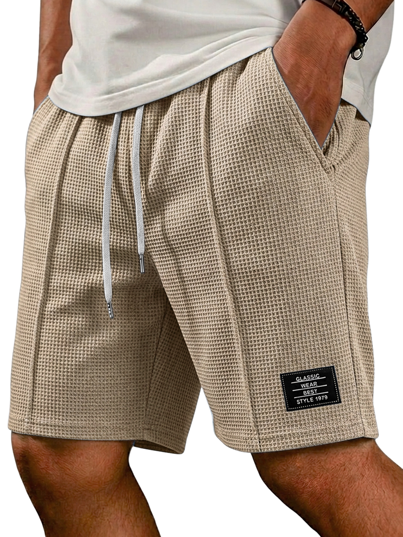 Men's Waffle Embroidered Logo Casual Solid Color Shorts