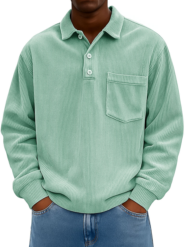 Men's Clothing Fashionable Casual Retro Lapel Corduroy Pit Strip Fabric Long-sleeved Pocket Polo Shirt