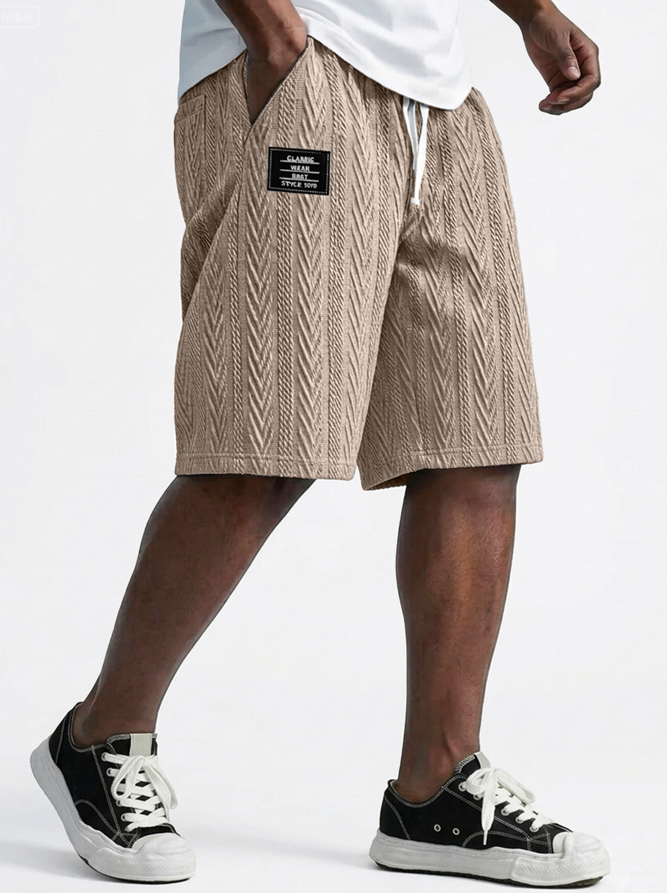 Men's Casual Textured Embroidered Logo Elastic Waist Solid Color Shorts