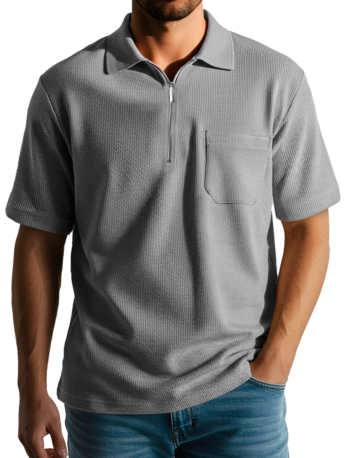 Men's Daily Casual Texture Lapel Zipper Comfortable Short-sleeved Polo Shirt