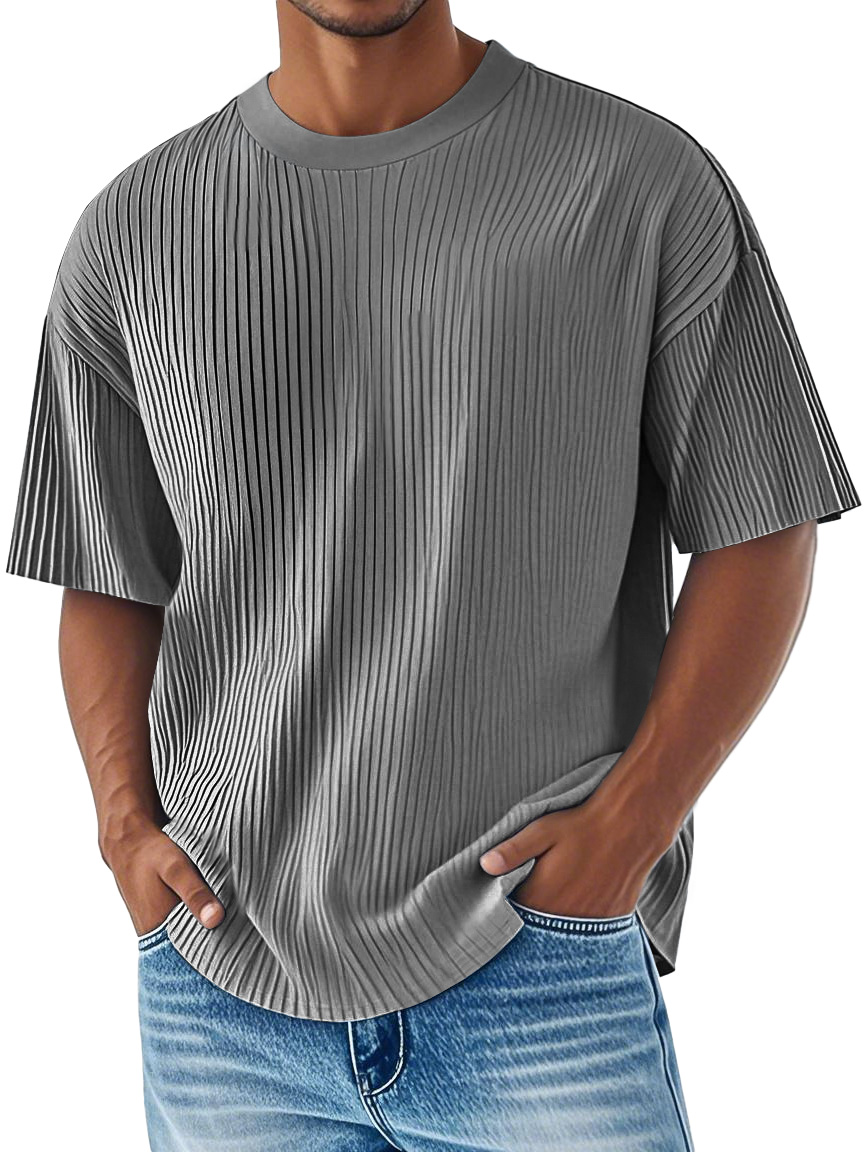 Men's Daily Ribbed Round Neck Casual Solid Color Comfortable Short-sleeved T-shirt