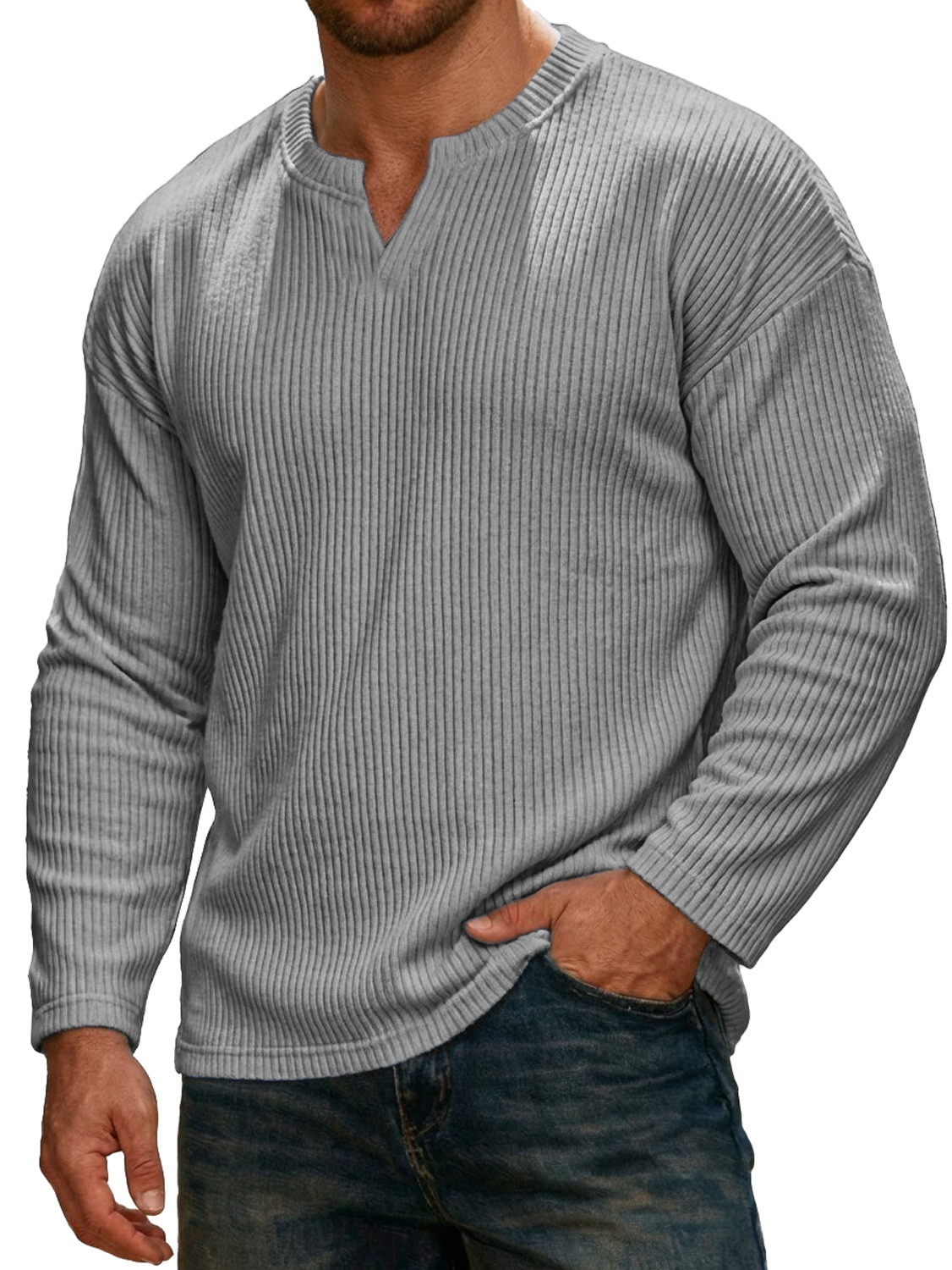 Men's Simple Ribbed V-neck Long-sleeved Casual T-shirt