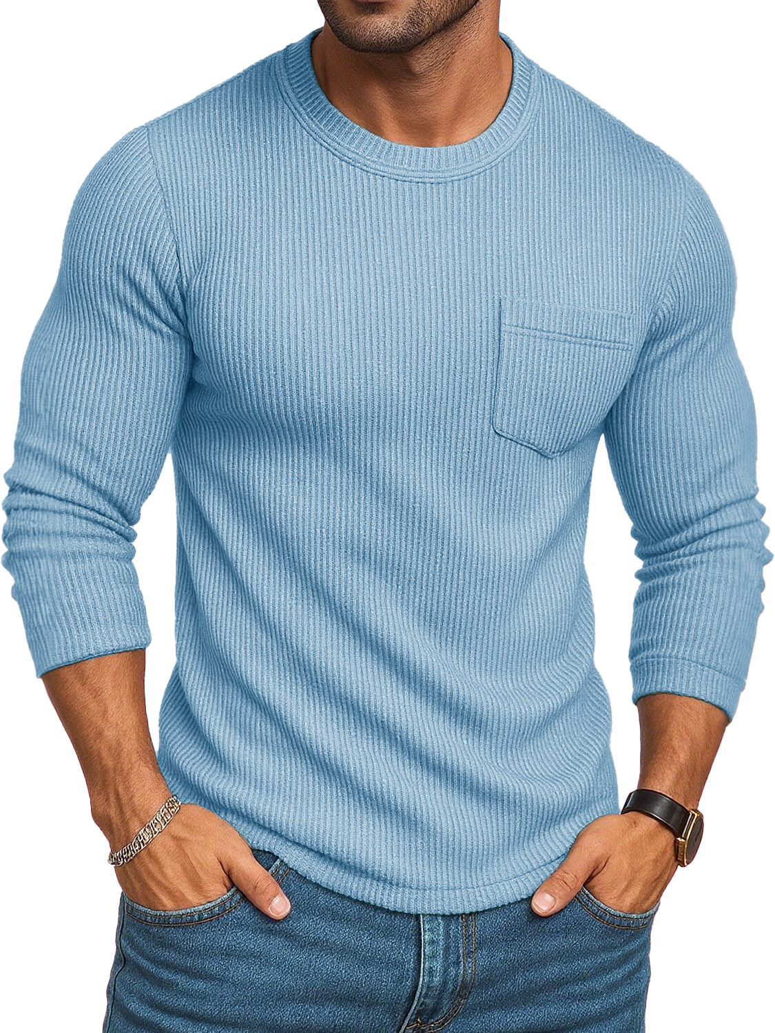 Men's Stylish Casual Retro Round-neck Ribbed Fabric Long-sleeved Pocket T-shirt
