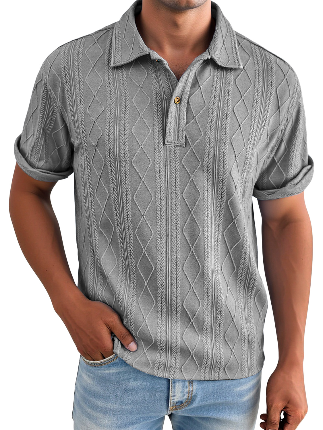 Men's Daily Jacquard Texture Casual Lapel Solid Color Short-sleeved Polo Shirt