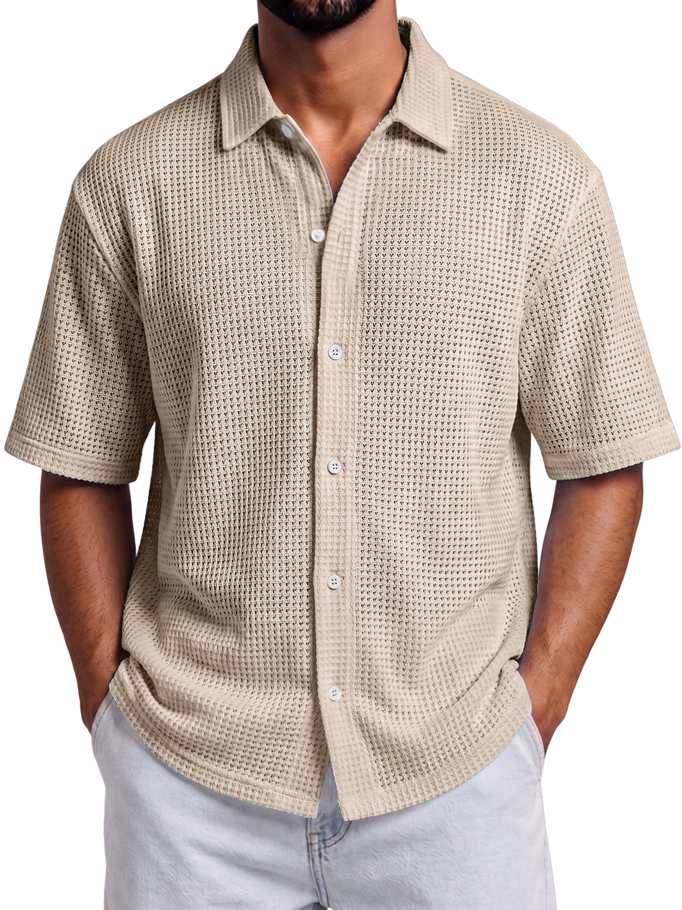 Men's Solid-Color Waffle-Knit Casual Short-Sleeve Shirt