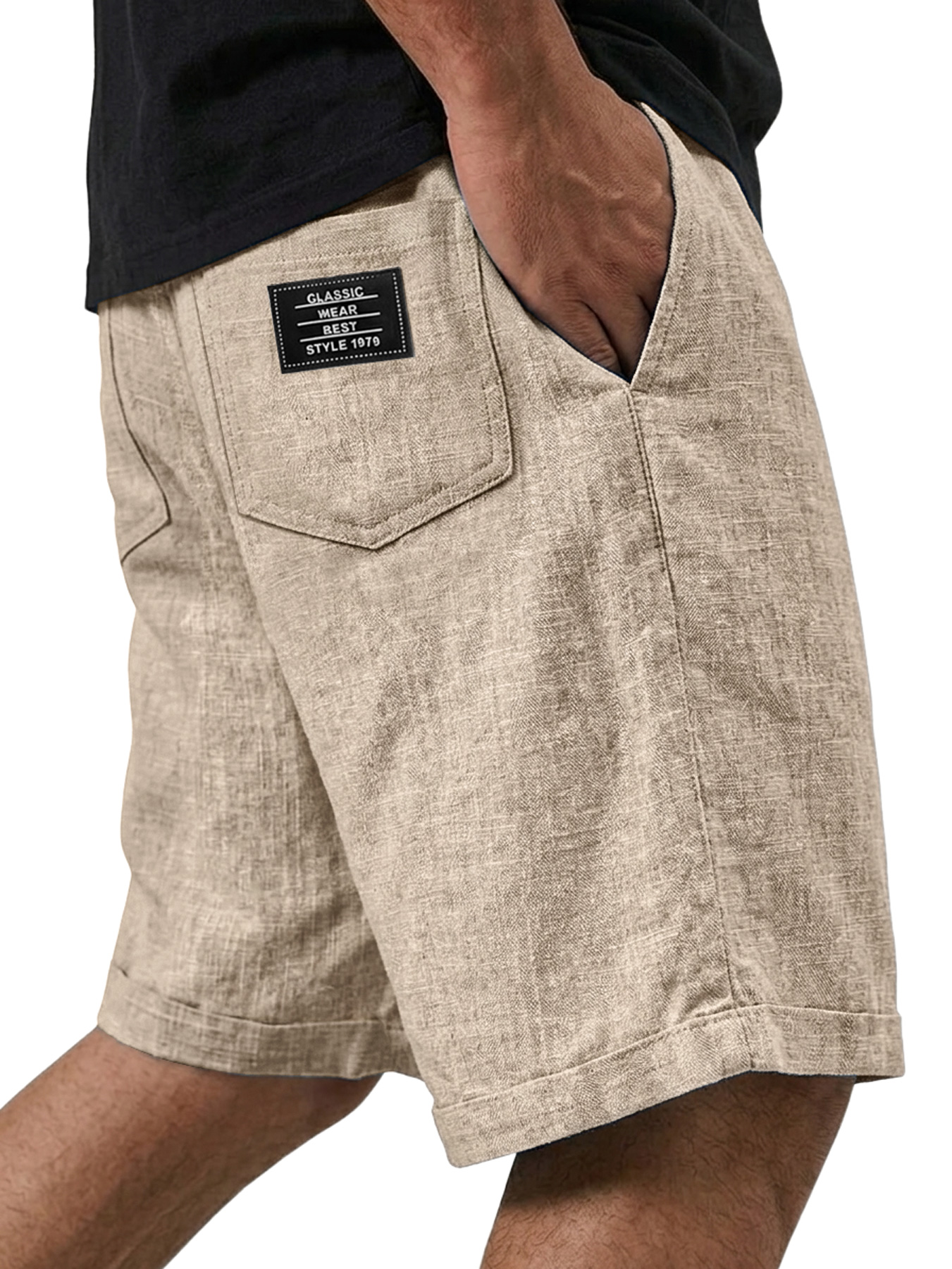 Men's Casual Solid-Color Linen Shorts with Embroidered Logo
