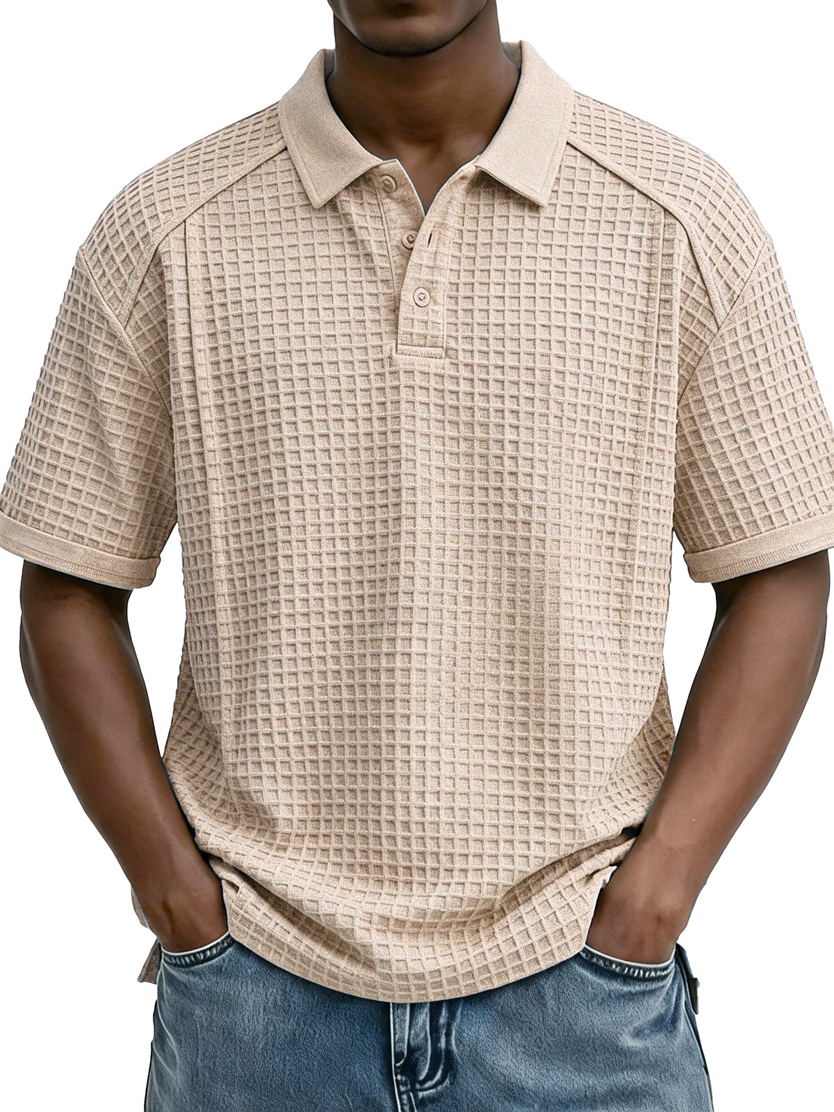 Men's Fashion Retro Waffle Fabric Collared Short-Sleeve Polo Shirt