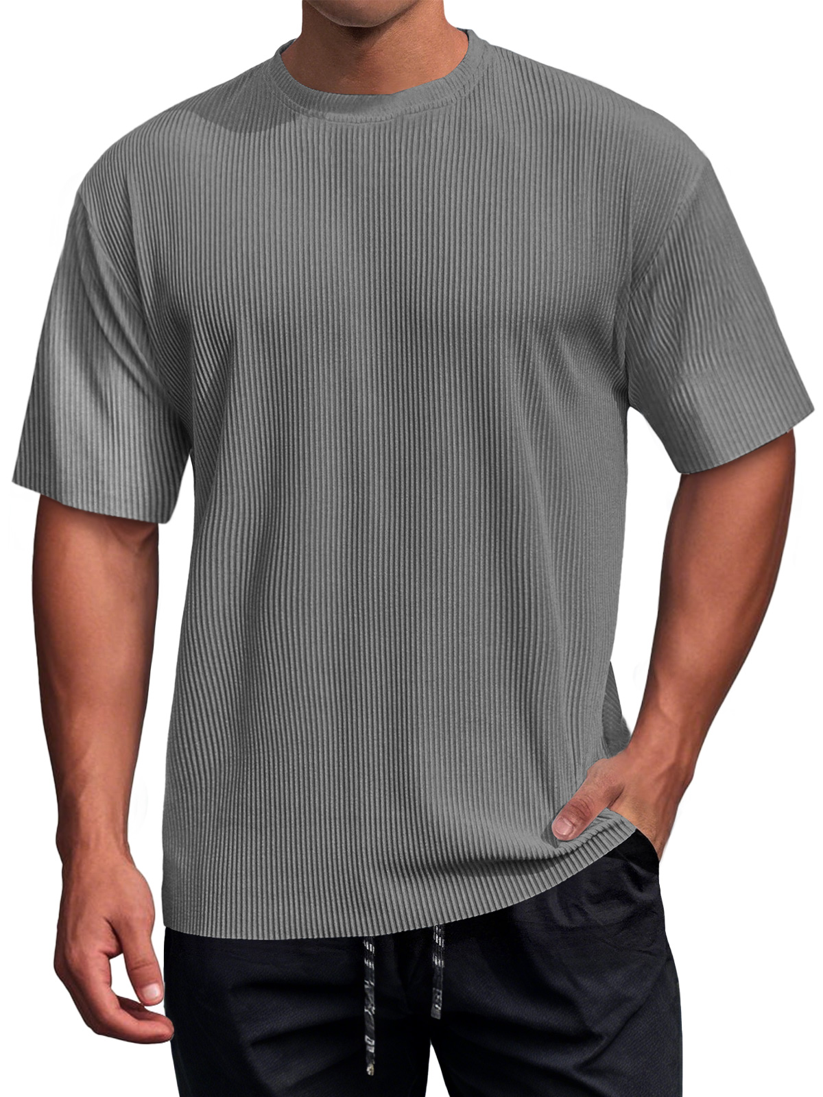 Men's Daily Round Neck Ribbed Texture Casual Short-sleeved T-shirt