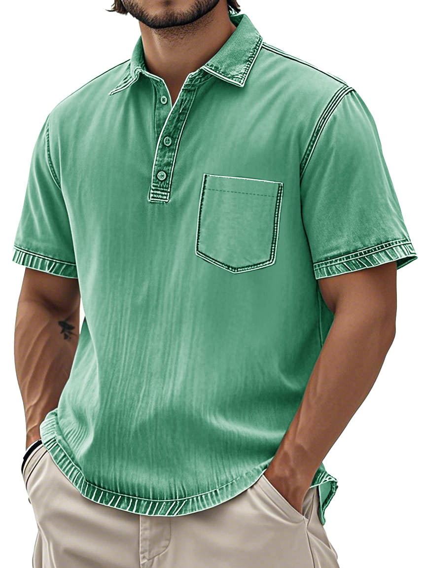 Men's Fashion Retro Washed Cotton Lapel Pocket Polo Shirt