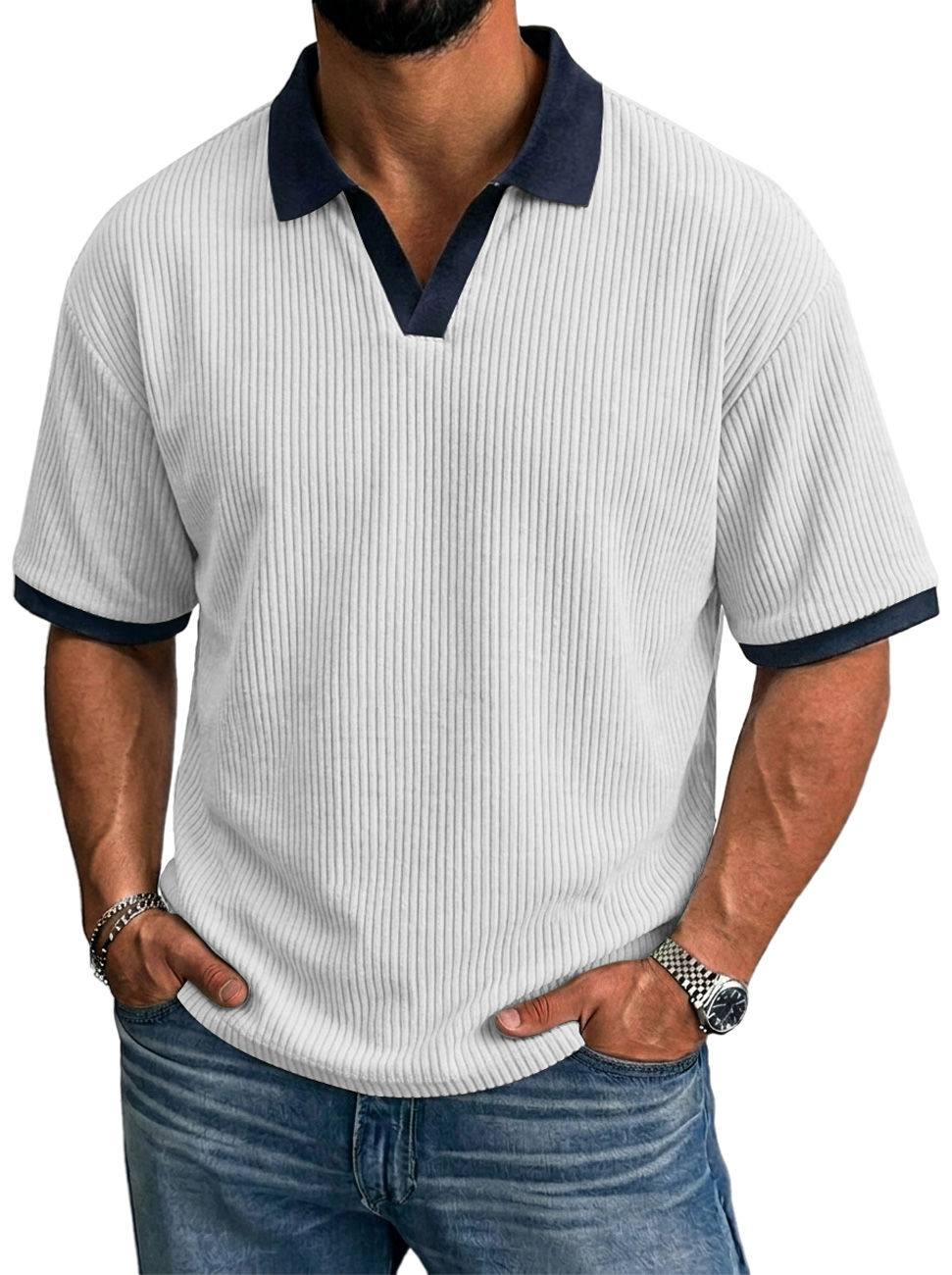 Men's Simple Ribbed Color Block Casual Short-Sleeve Polo Shirt