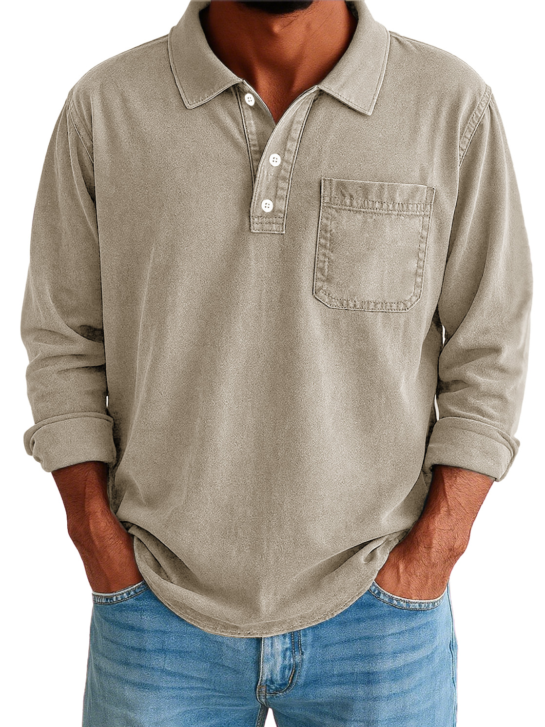 Men's Stylish Vintage Washed And Distressed Lapel Long-sleeved Polo Shirt With Pockets