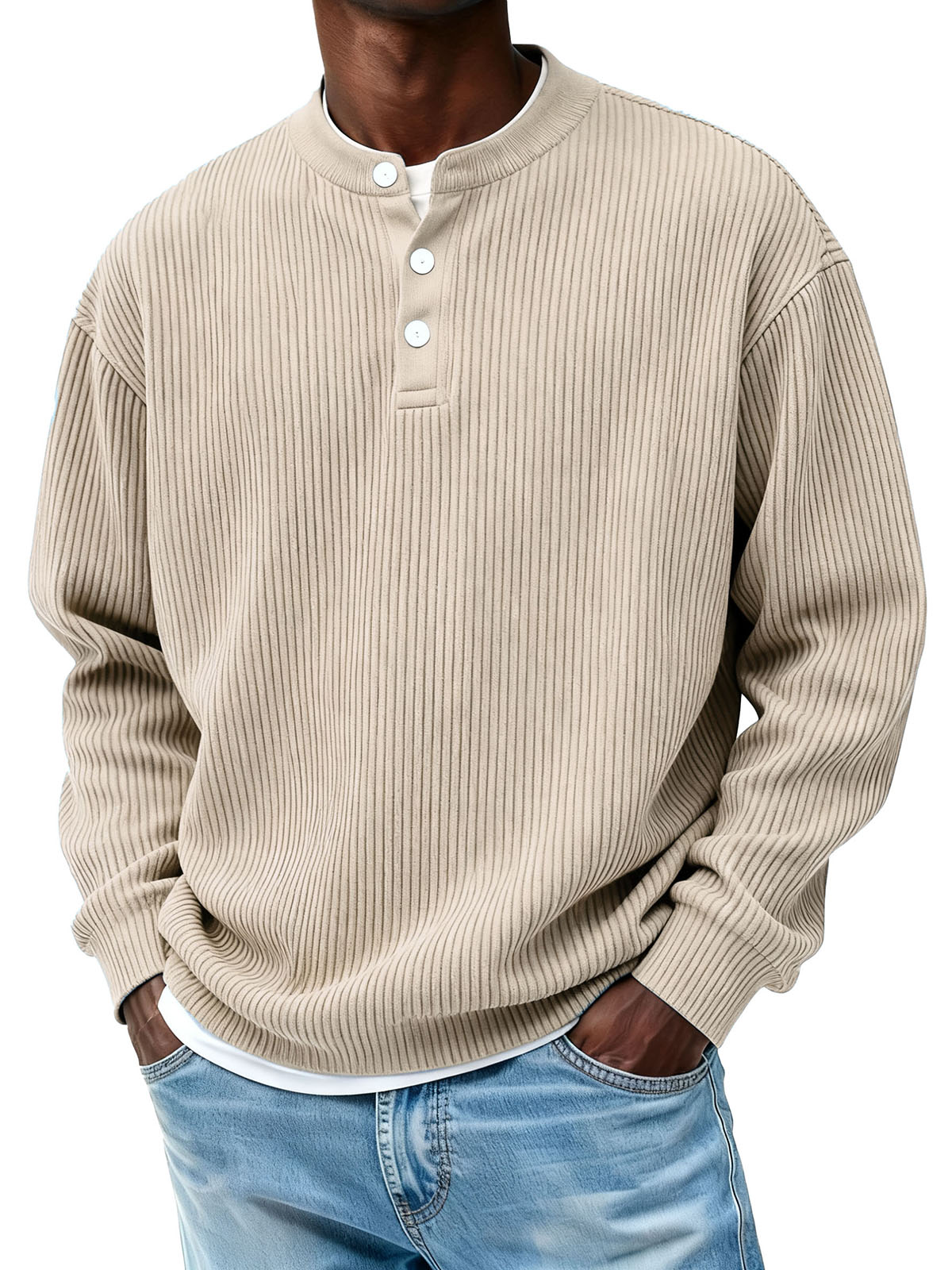 Men's Casual Pit Strip Fabric Three-button Long-sleeved Henry Shirt