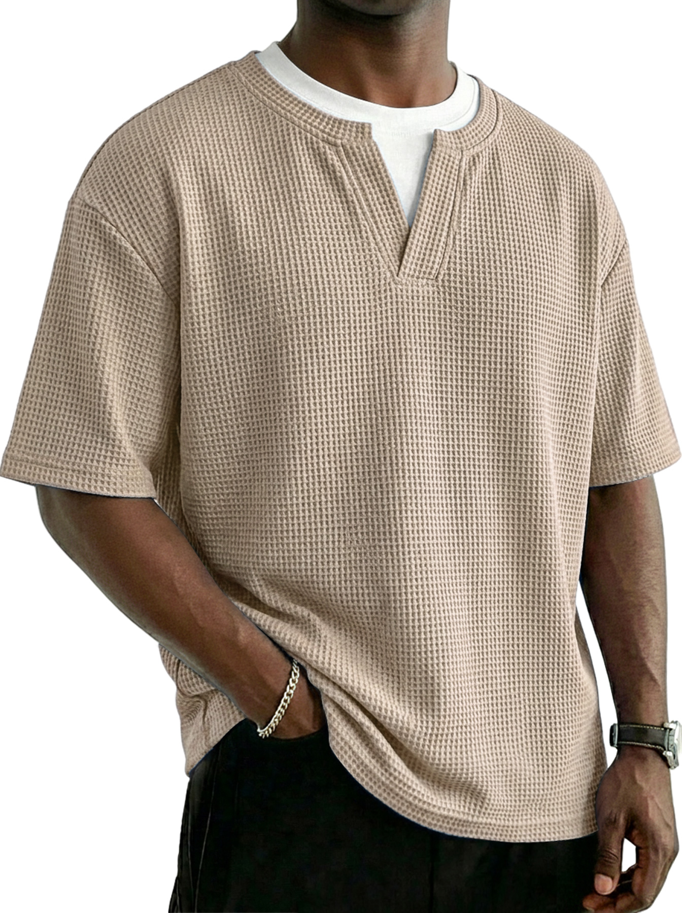 Men's Waffle-knit Faux Two-piece Casual Solid Color Short-sleeved T-shirt