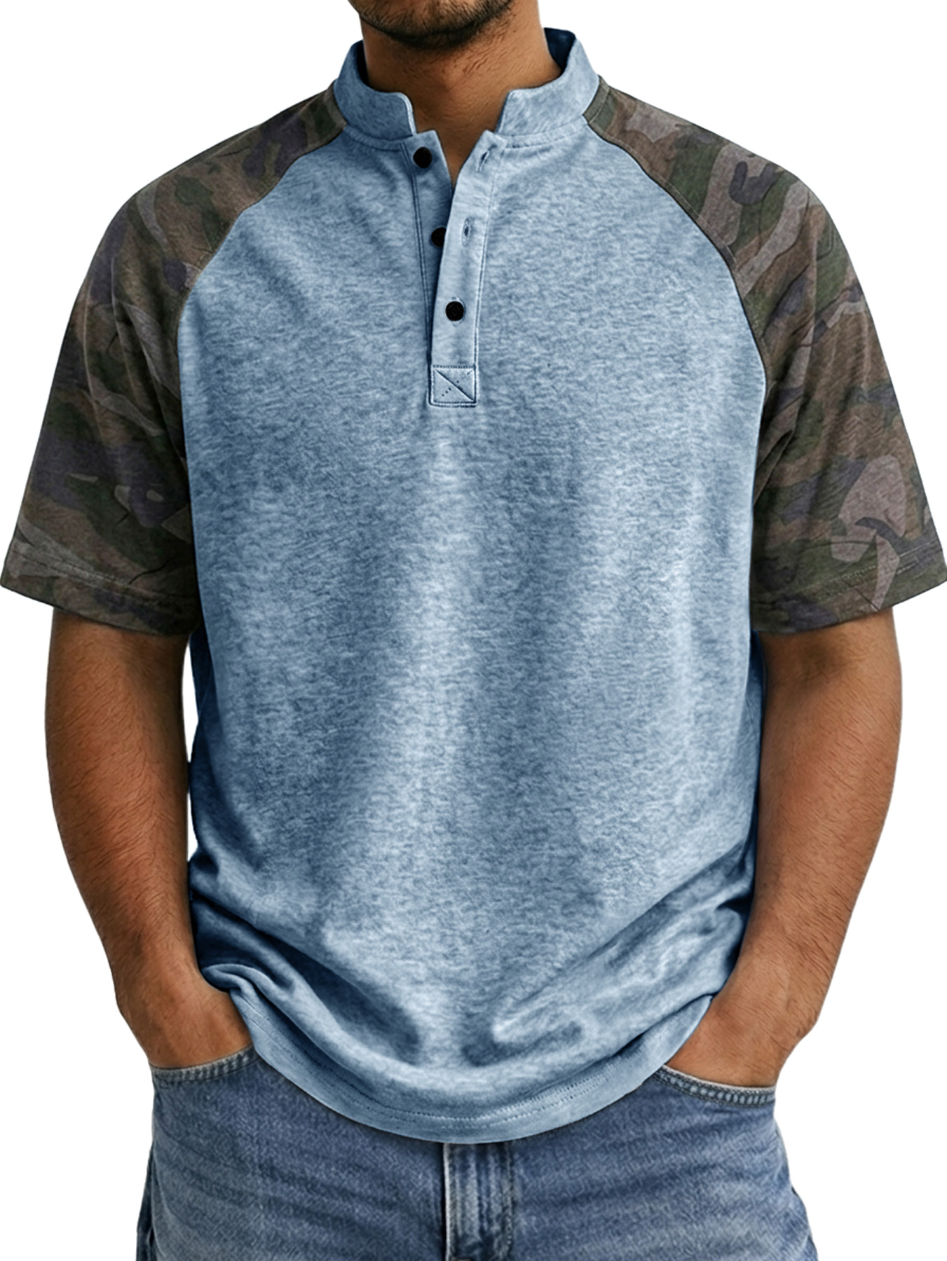 Men's Raglan Camo Casual Stand Collar Short Sleeve Henley Shirt