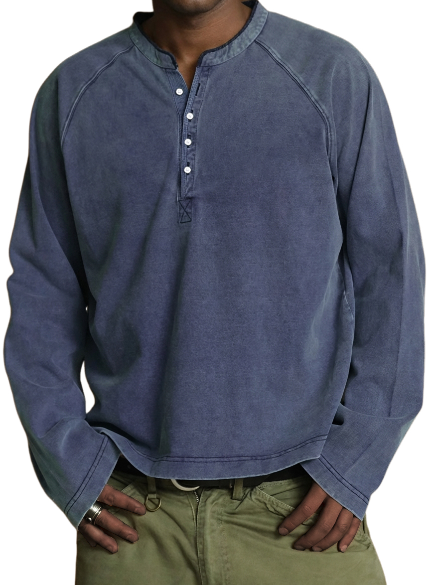 Men's Vintage Washed Cotton Henley Long-Sleeve T-Shirt