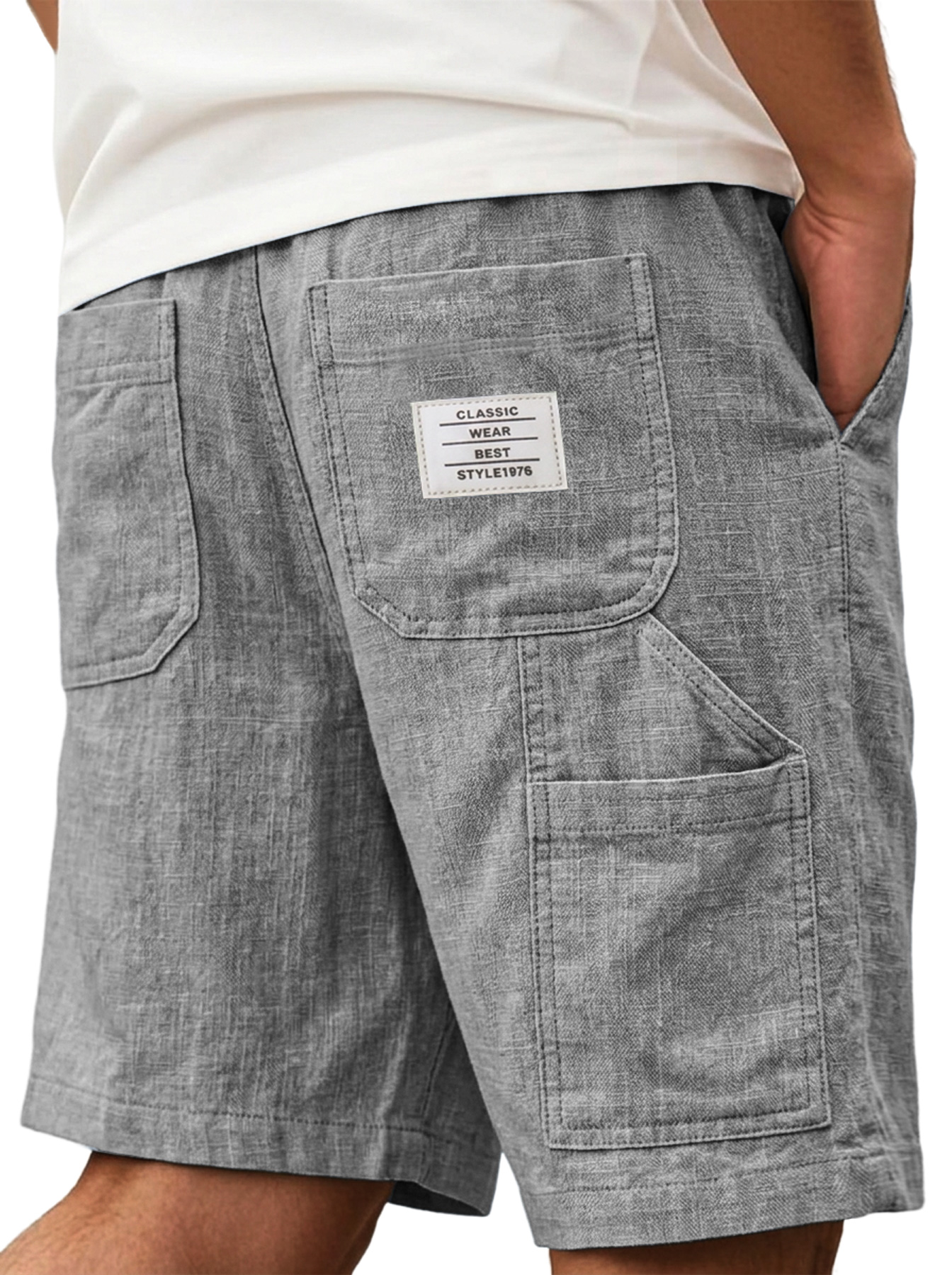 Men's Comfortable Cotton Linen Multi-Pocket Embroidered Logo Casual Cargo Shorts