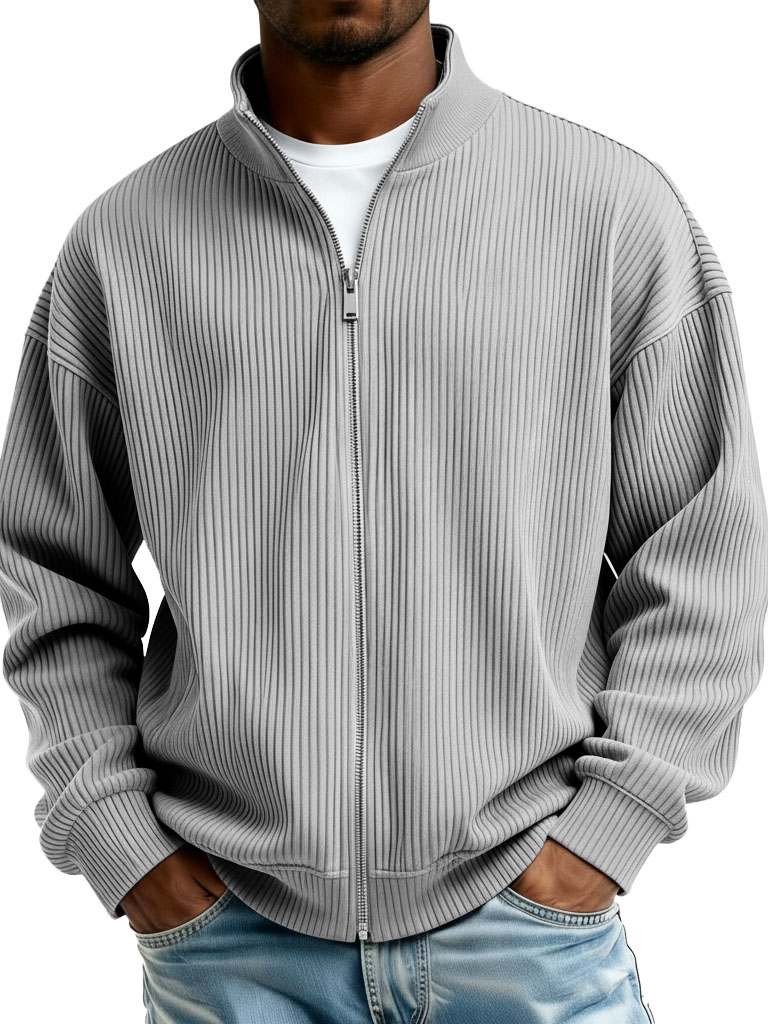 Men's Fashion Casual Stand Collar Ribbed Fabric Long-Sleeve Jacket