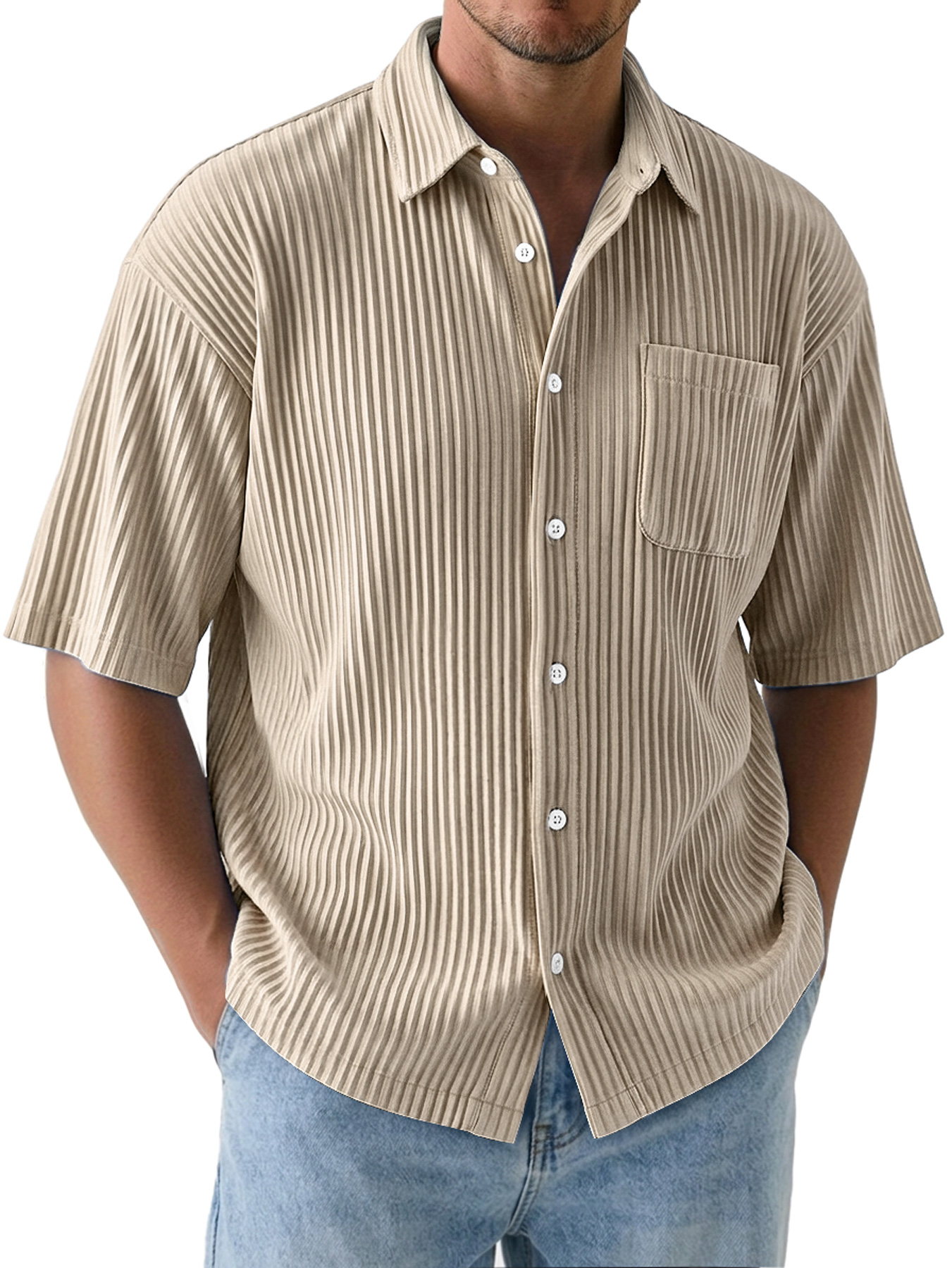Men's Comfortable Textured Solid-Color Short-Sleeve Casual Shirt