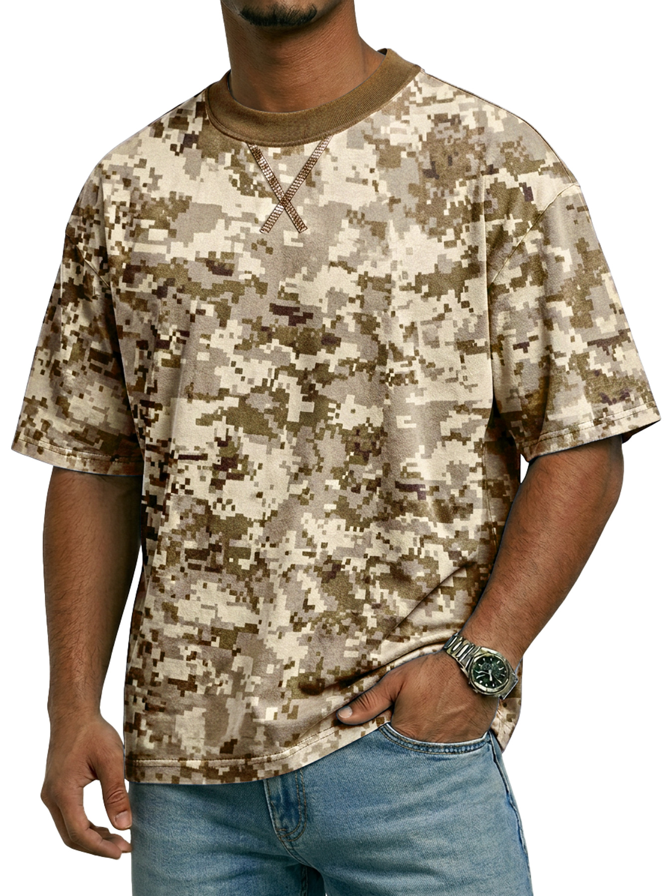 Men's Crew Neck Camouflage Crossover Design Casual Short-Sleeve T-Shirt